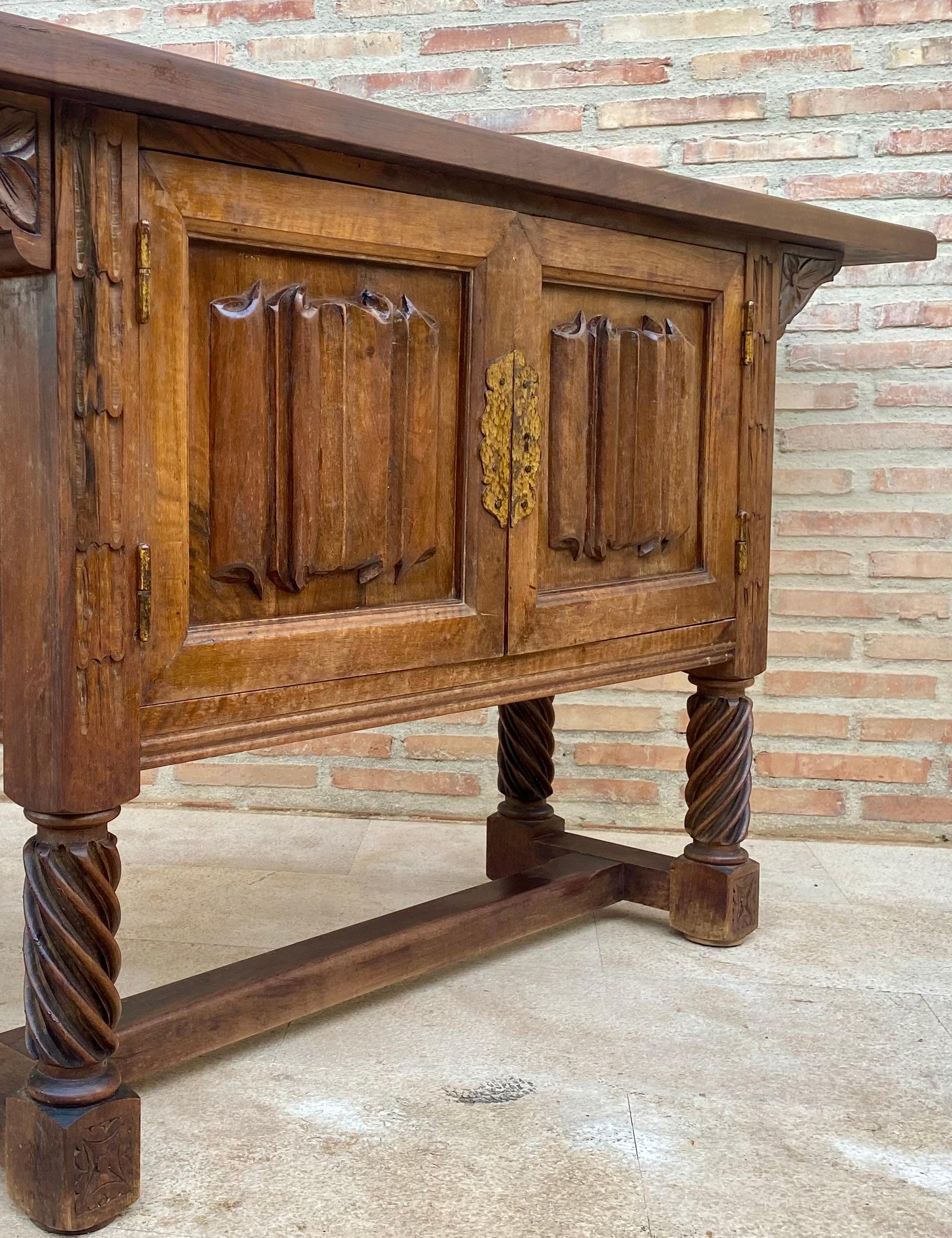 Walnut Sale Spanish Hand Carved Console Table with Two Doors For Sale