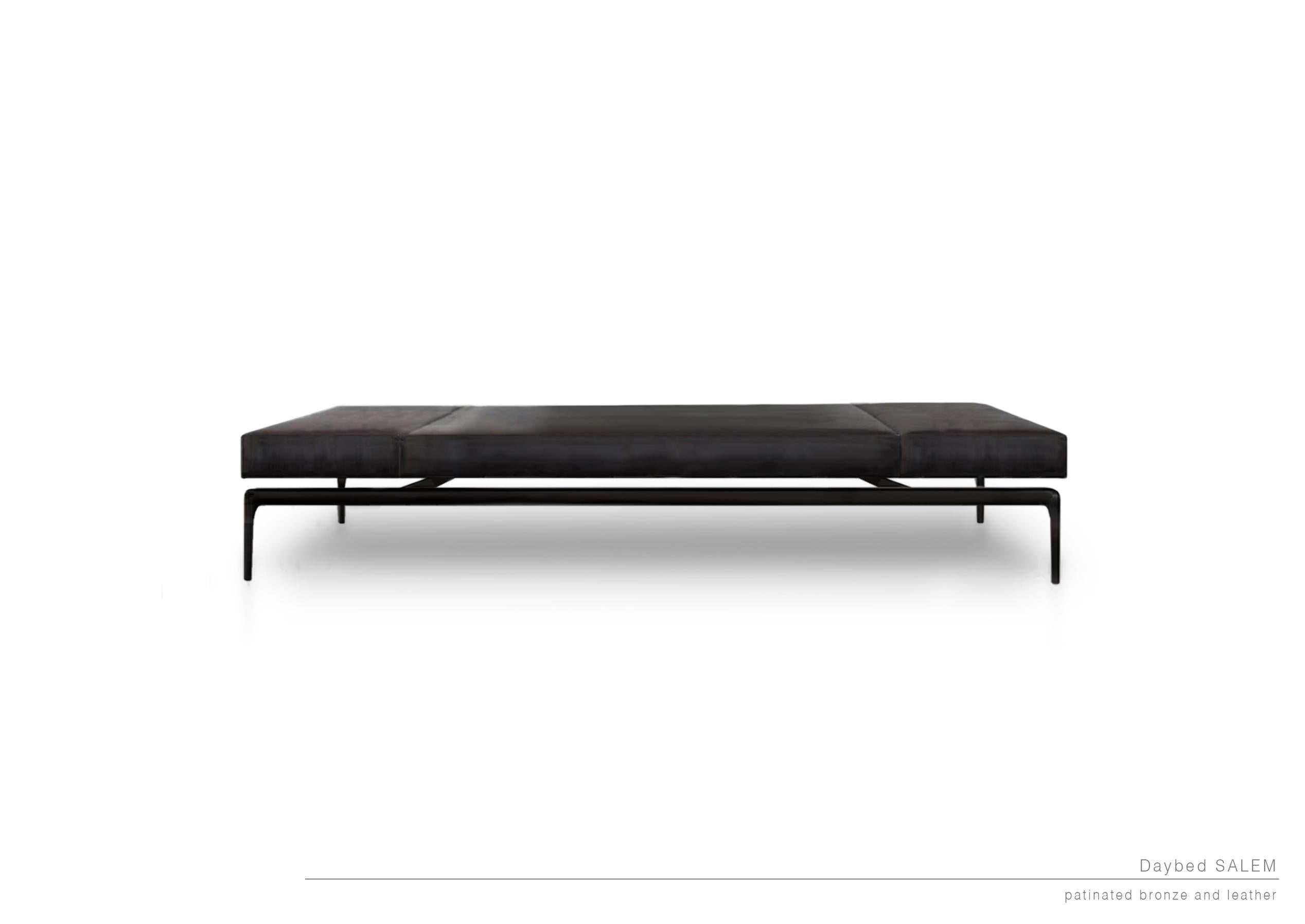 Salem daybed by LK Edition
Dimensions: 170 x 80 x H 40 cm
Materials: Leather and patinated bronze. 

It is with the sense of detail and requirement, this research of the exception by the selection of noble materials and his culture of the French