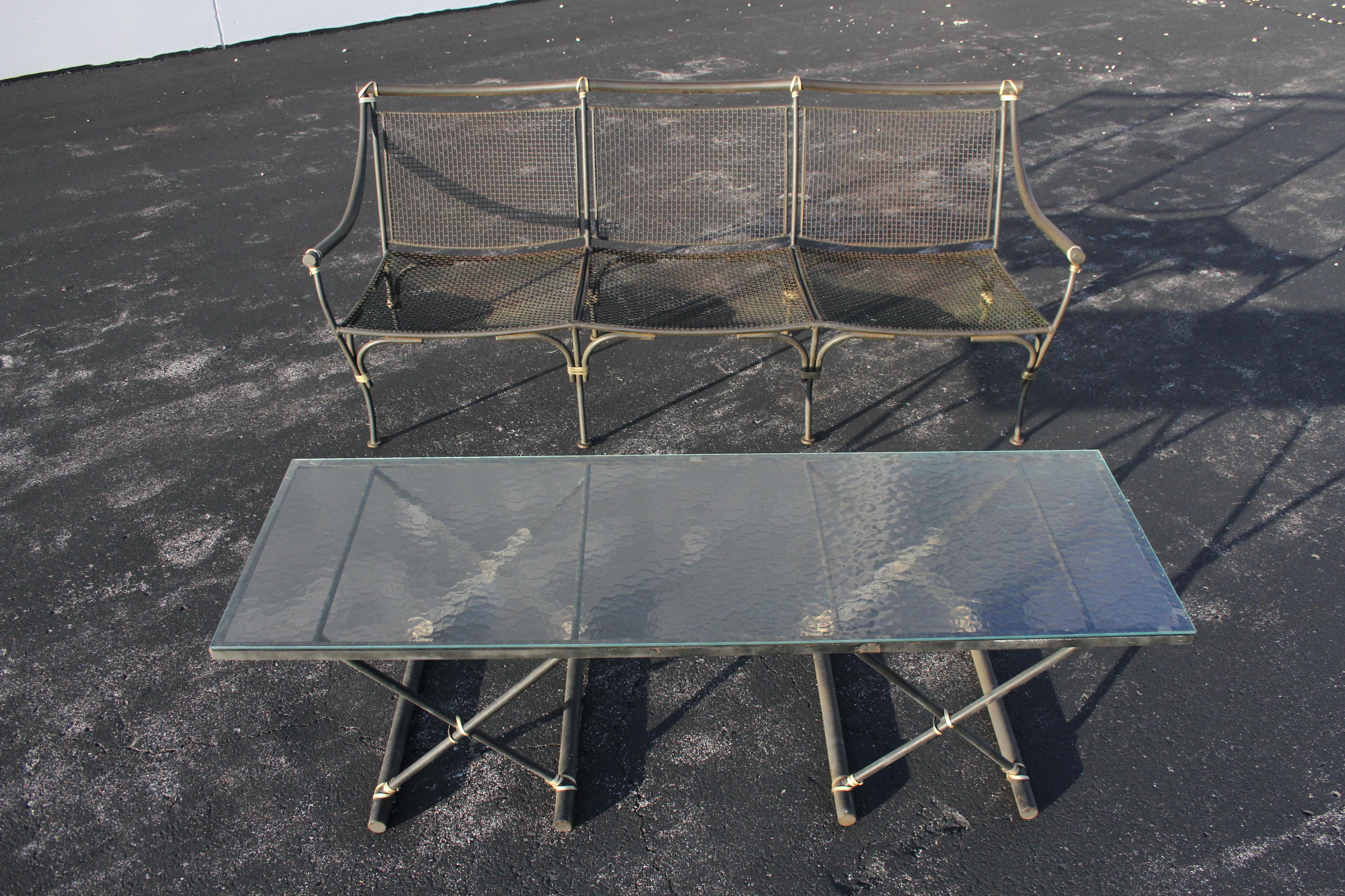 American  Salerini Style Wrought Iron & Mesh Outdoor 3 Seat Sofa & Glass Coffee Table Set For Sale