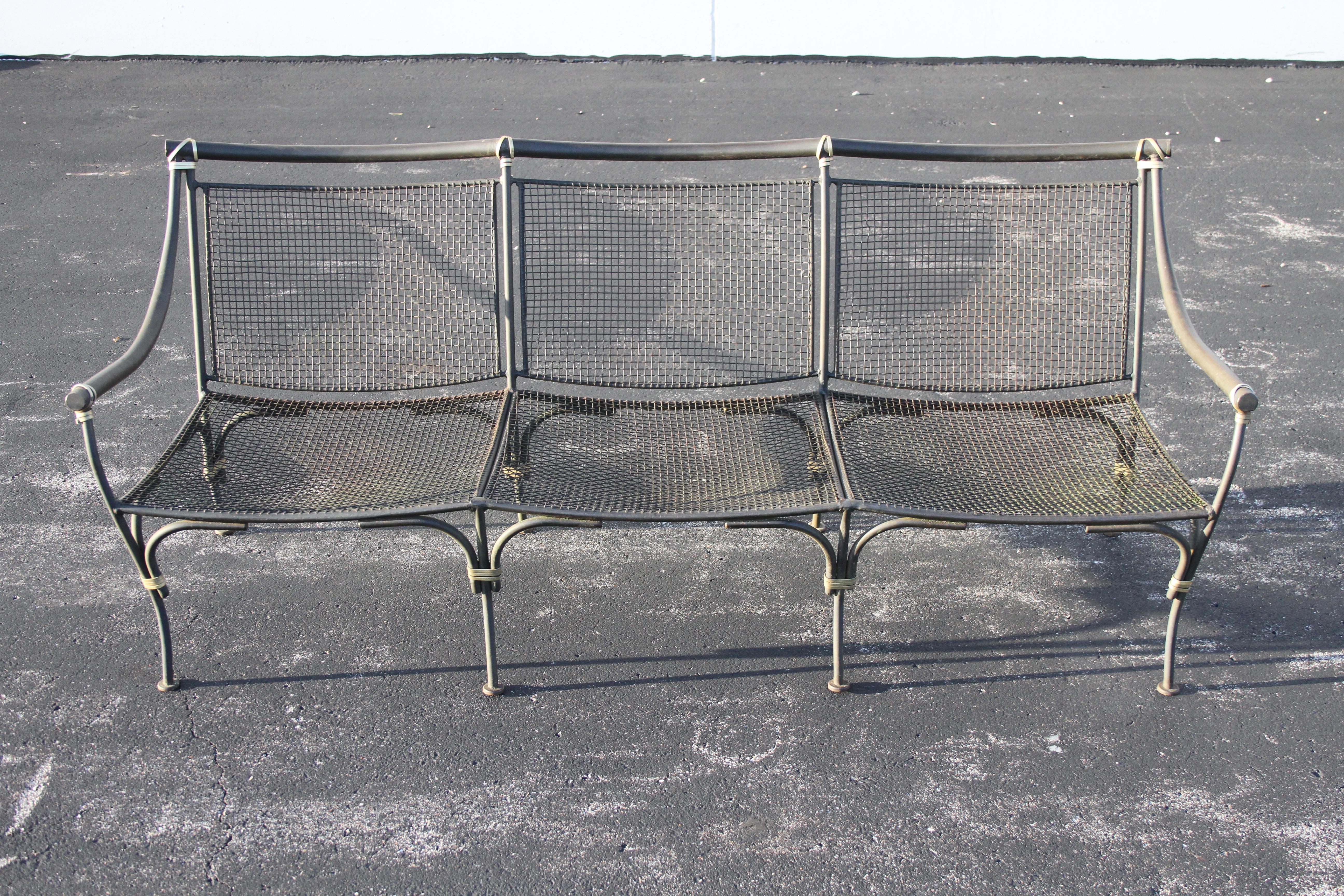  Salerini Style Wrought Iron & Mesh Outdoor 3 Seat Sofa & Glass Coffee Table Set In Good Condition For Sale In St. Louis, MO