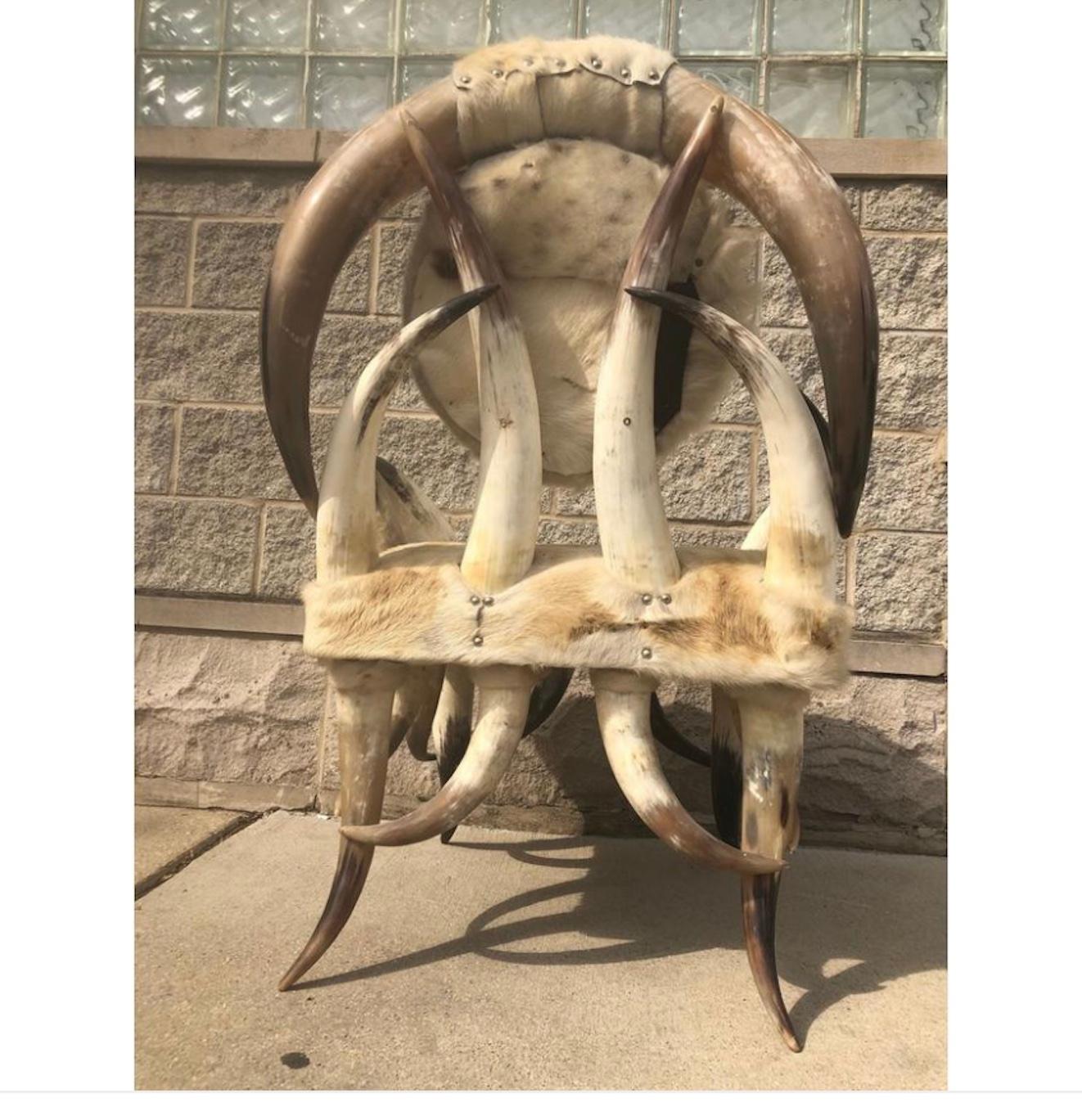Adirondack 19th Century Horn Chair Cowhide Western Steer. For Sale