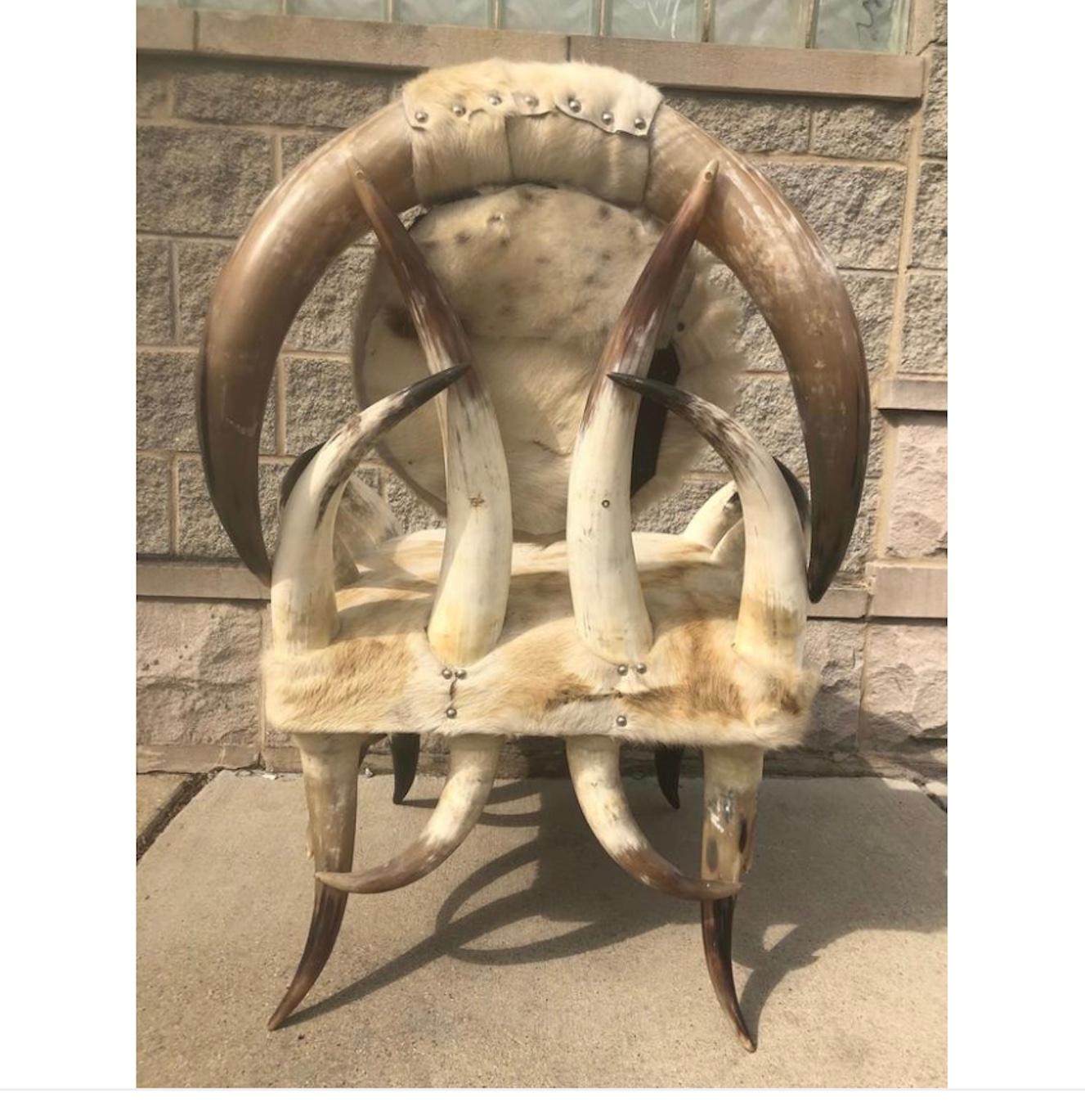 19th Century Horn Chair Cowhide Western Steer. In Good Condition For Sale In Buchanan, MI