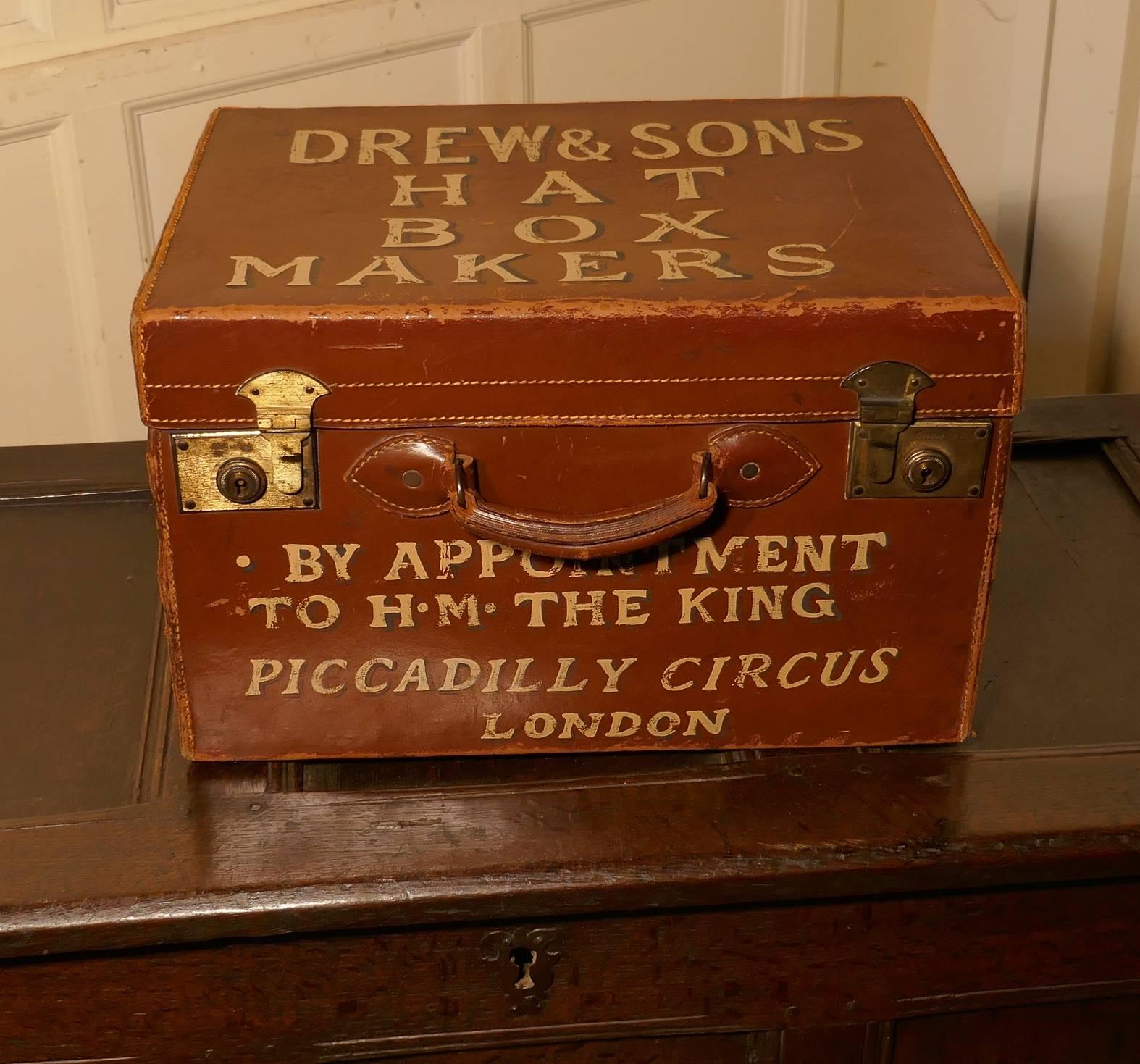 Salesman’s sample Edwardian leather hat box and hats, drew and sons trunk makers

This is a unique piece, it is a 19th century traveling salesman sample showing the quality of leather suitcases and luggage produced by Drew and Sons of