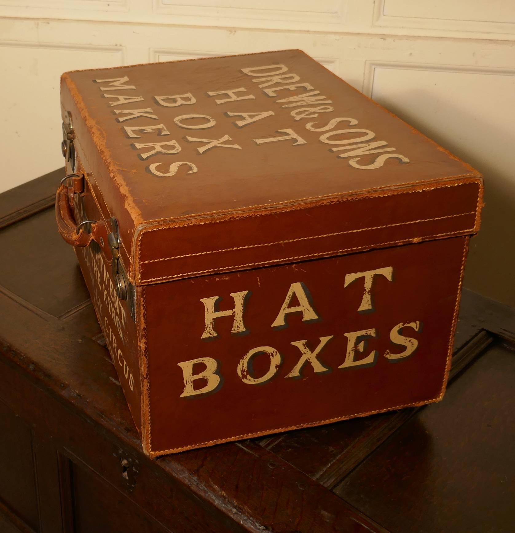 20th Century Salesman’s Sample Edwardain Leather Hat Box and Hats, Drew and Sons Trunk Makers