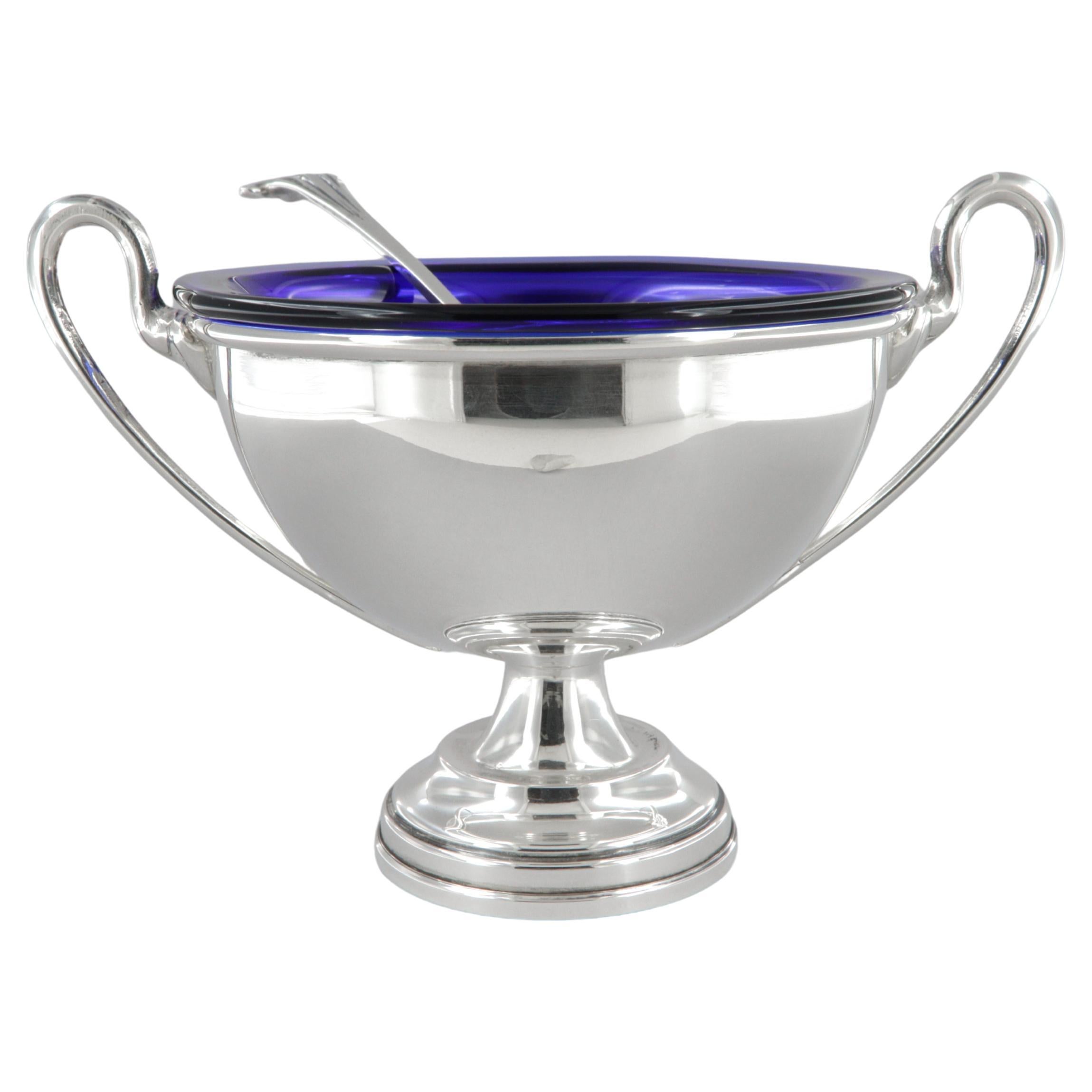 925 sterling silver and blue crystal table salt shaker with spoon