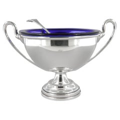Salière de table en argent 925 et cristal bleu avec cuillère
