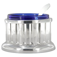 Salière de table en argent 925 et cristal bleu avec cuillère