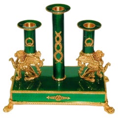 Salimbeni Candlestick Sterling Silver Green Fire Enameled Guilloché Engraved