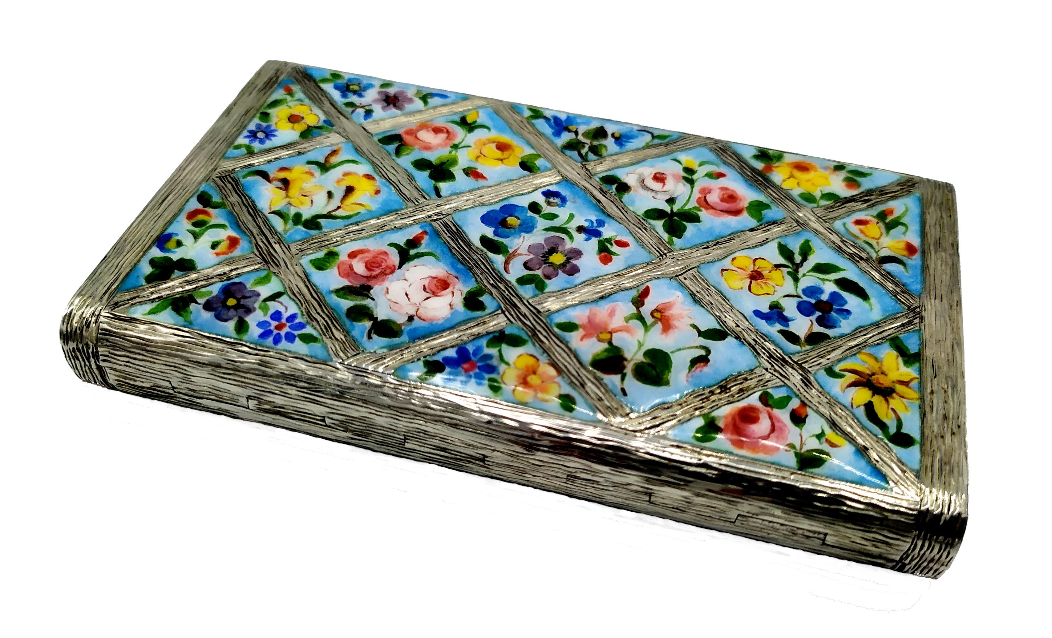 Art Deco Salimbeni Cigarette Case with Hand-Painted Fired Enamelled Flowers For Sale