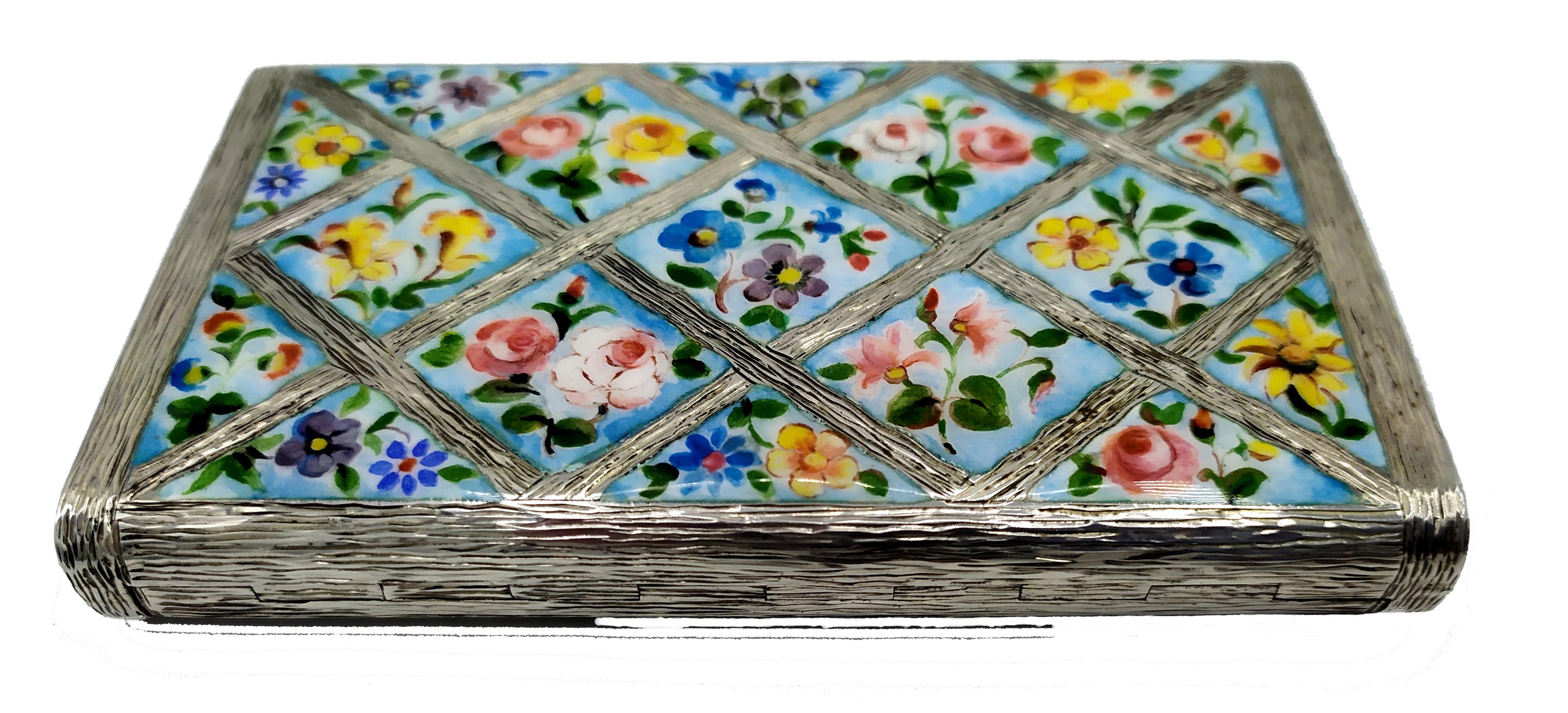 Hand-Carved Salimbeni Cigarette Case with Hand-Painted Fired Enamelled Flowers For Sale