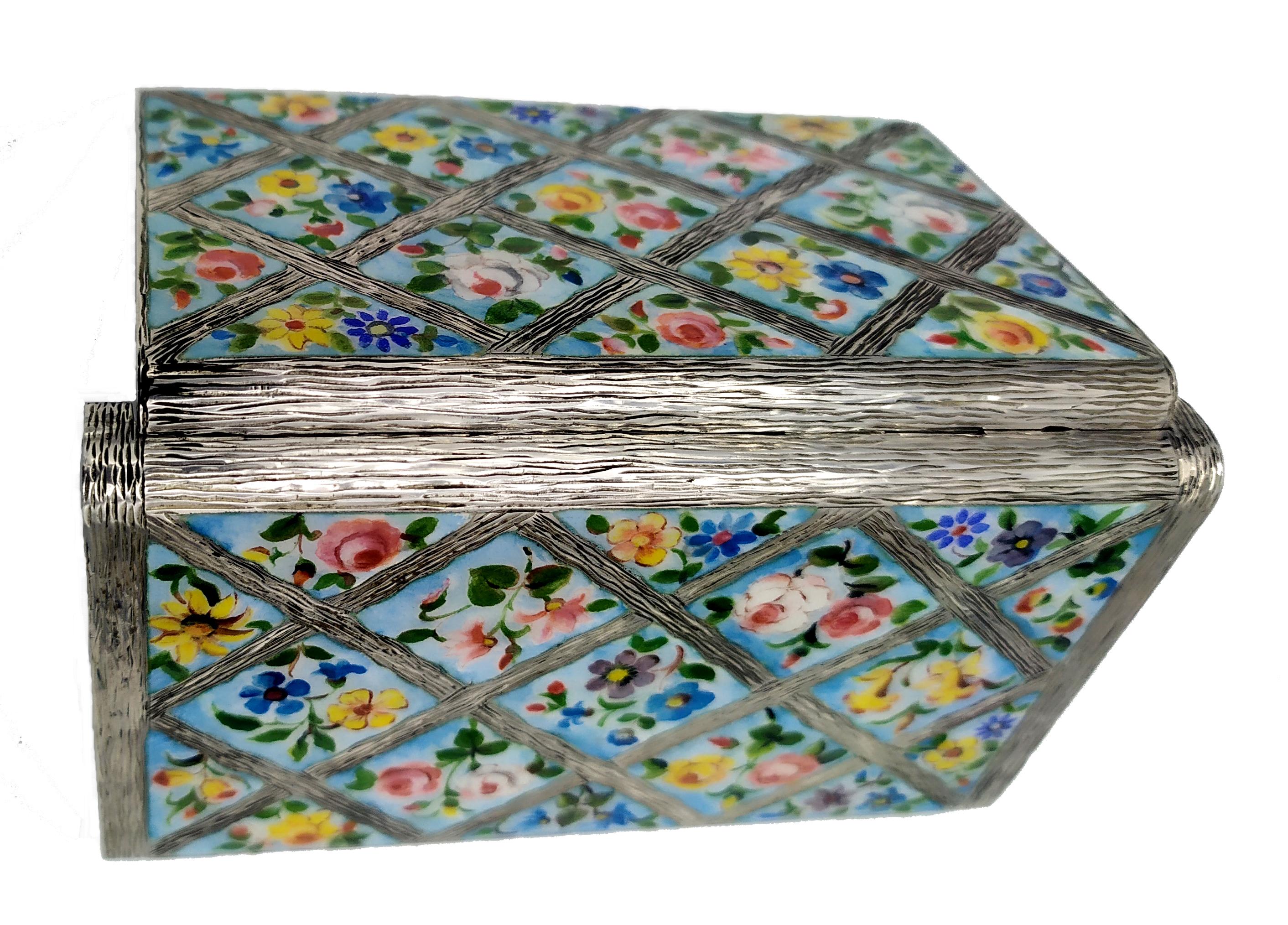 Sterling Silver Salimbeni Cigarette Case with Hand-Painted Fired Enamelled Flowers For Sale