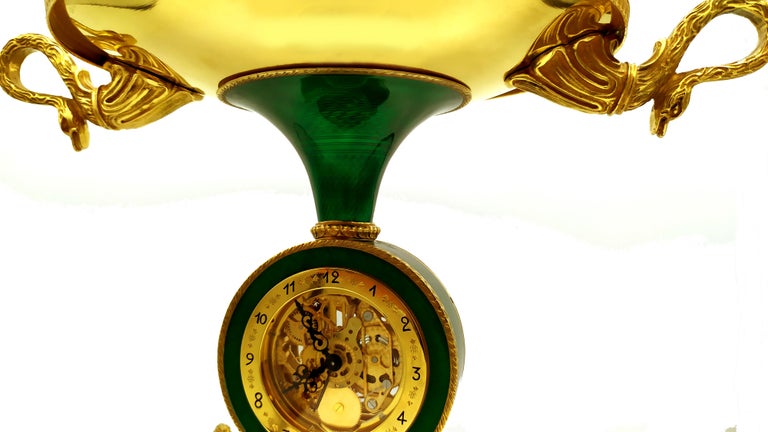 Salimbeni Green Centerpiece with Clock Fired Enamels on Guillochè For Sale 2