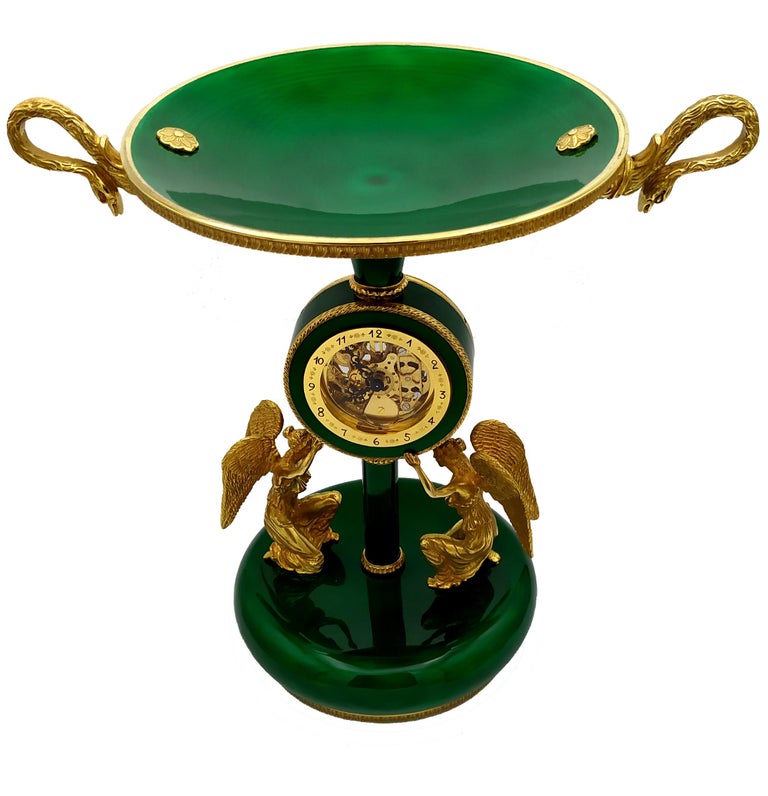 Empire Salimbeni Green Centerpiece with Clock Fired Enamels on Guillochè For Sale