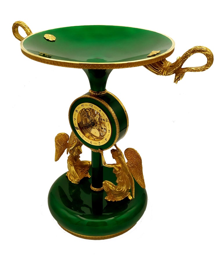 Italian Salimbeni Green Centerpiece with Clock Fired Enamels on Guillochè For Sale