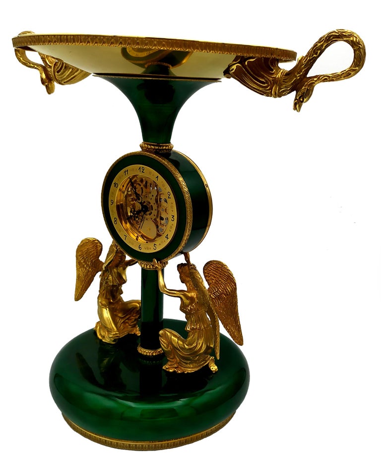 Hand-Carved Salimbeni Green Centerpiece with Clock Fired Enamels on Guillochè For Sale