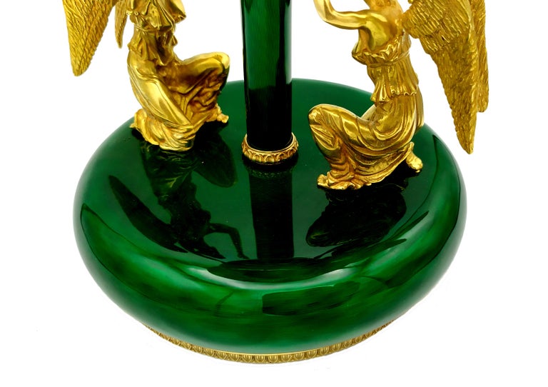 Salimbeni Green Centerpiece with Clock Fired Enamels on Guillochè In Excellent Condition For Sale In Firenze, FI