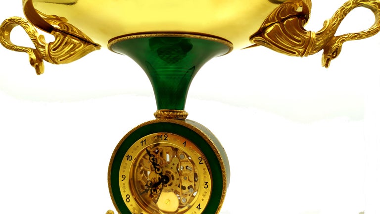 Salimbeni Green Centerpiece with Clock Fired Enamels on Guillochè For Sale 1