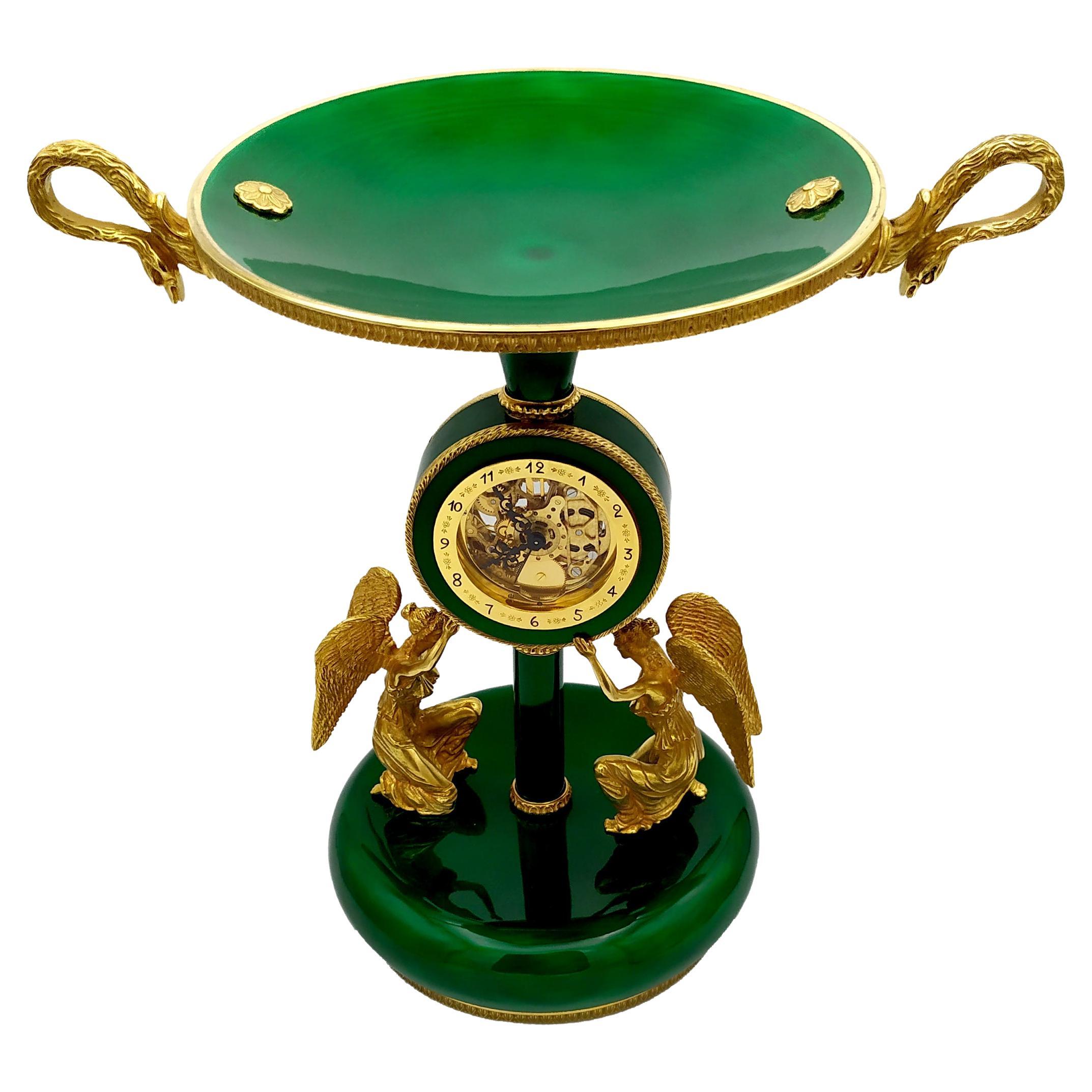 Salimbeni Green Centerpiece with Clock Fired Enamels on Guillochè