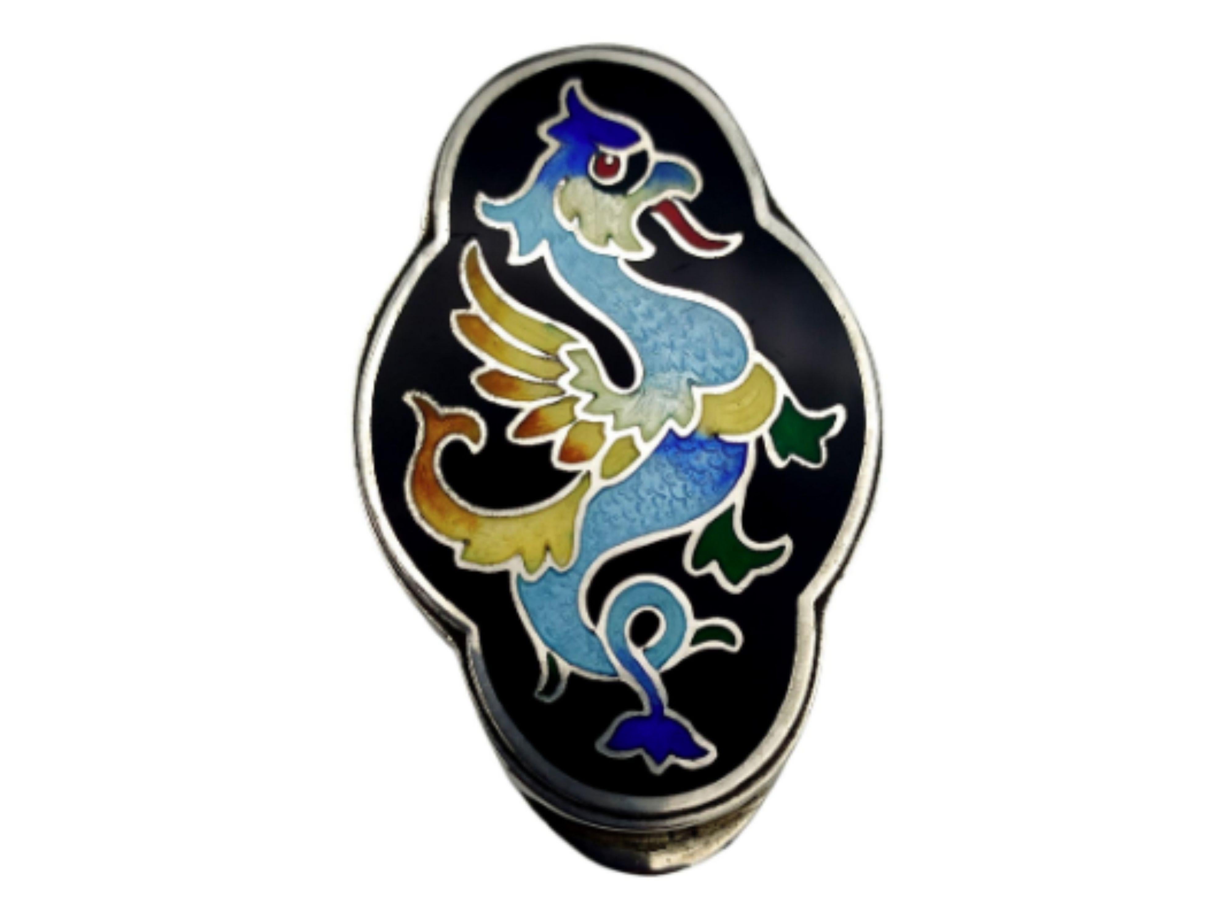 Hand-Carved Salimbeni Pillbox Dragon Art Deco Sterling Silver Enamel