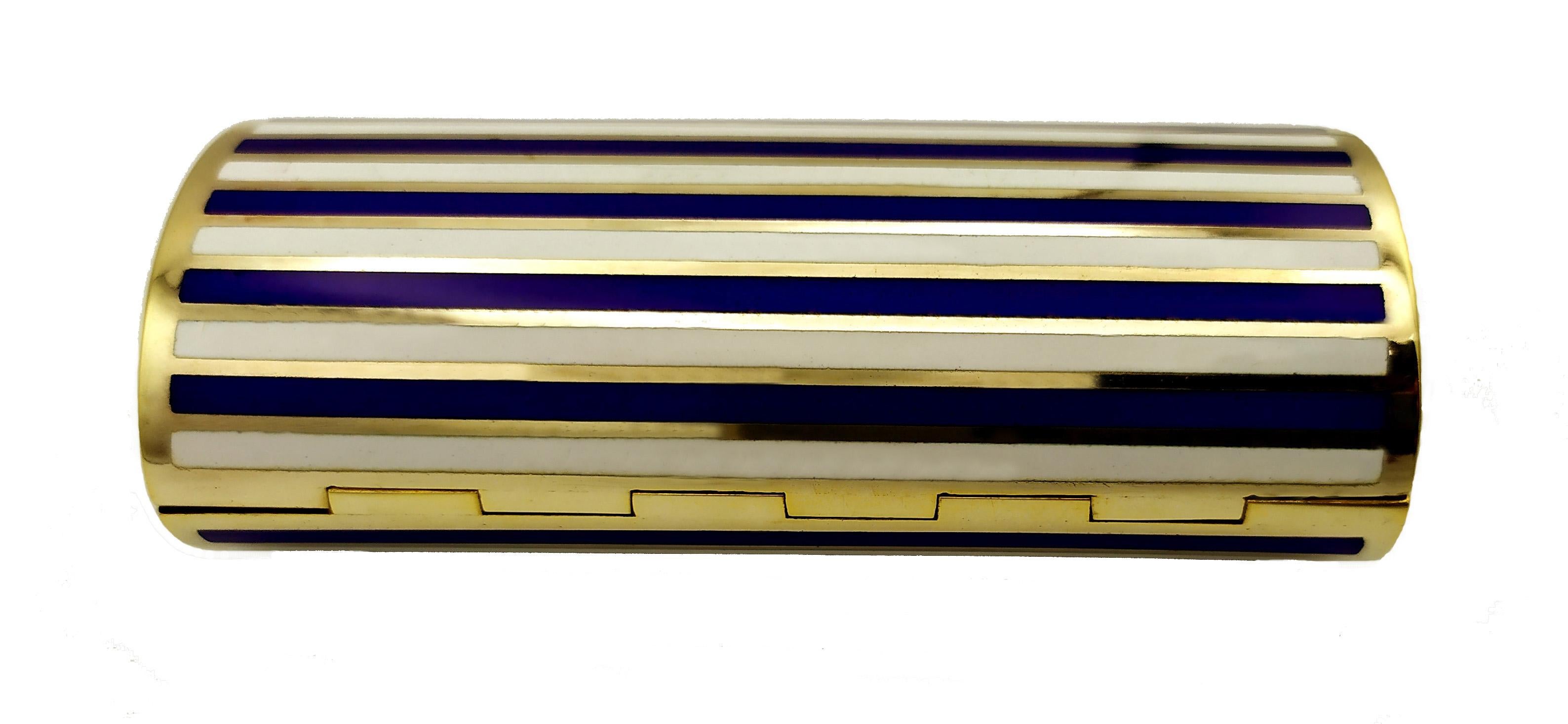Sterling Silver Salimbeni Purse Cigarette Case Two-Color Enamel Stripes Blue and White