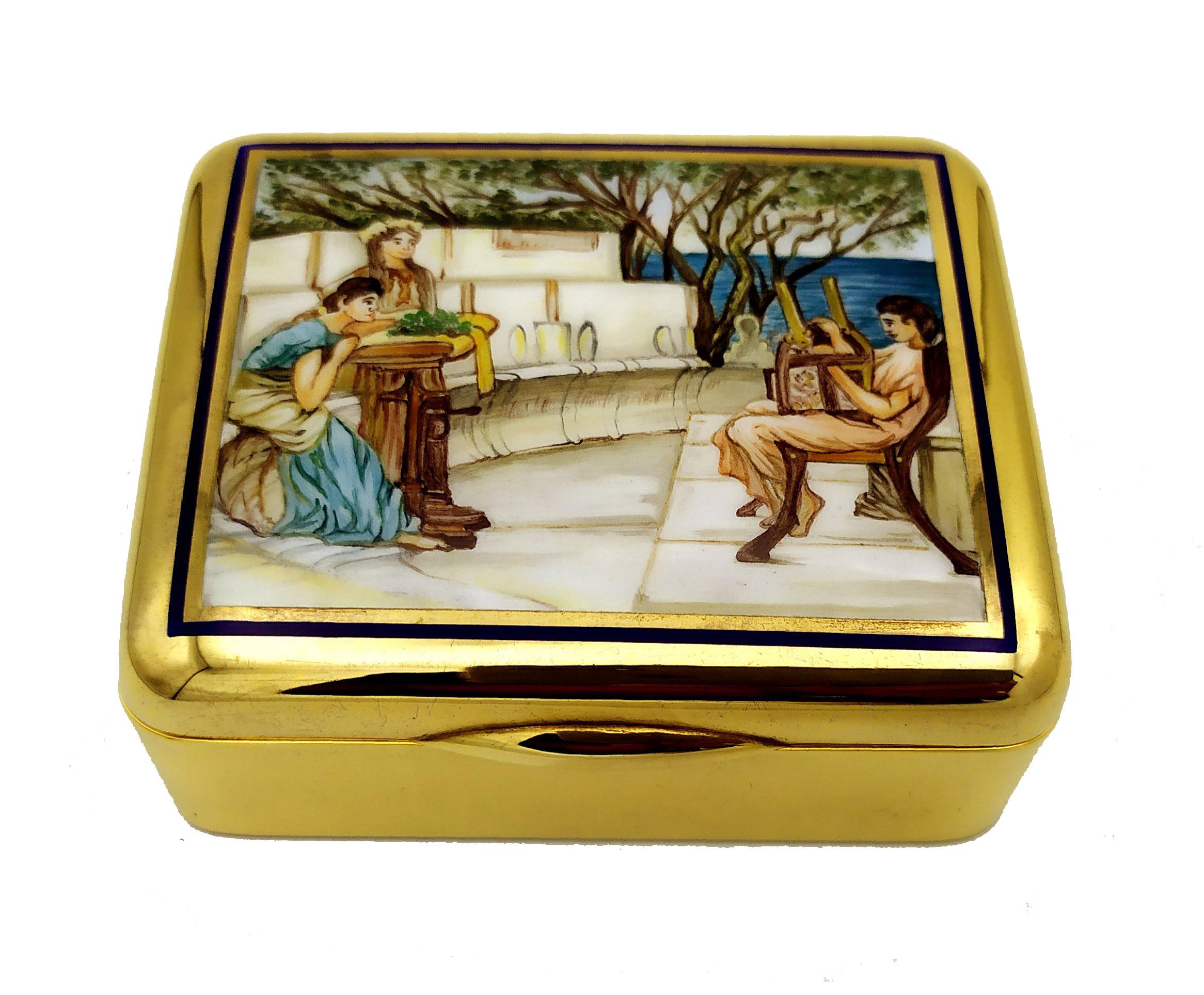 Rectangular table box with rounded sides and corners in 925/1000 sterling silver gold plated with beautiful fire-enameled miniature hand painted by painter Beatrice Mellana, reproducing an Art Nouveau painting from the Pre-Raphaelite School of