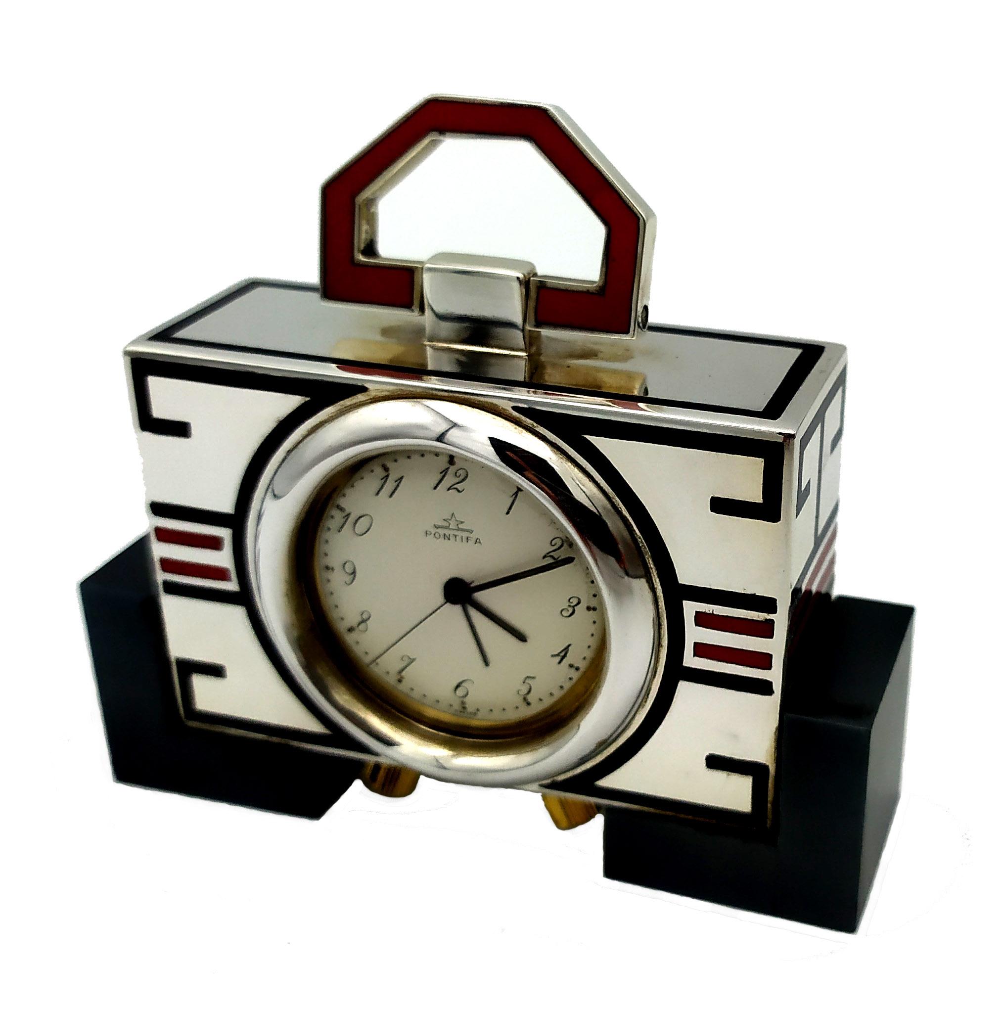 Italian Salimbeni Table Clock Travel Sterling Silver Art Deco Fire Enamel Black/Red