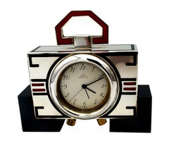 Salimbeni Table Clock Travel Sterling Silver Art Deco Fire Enamel Black/Red