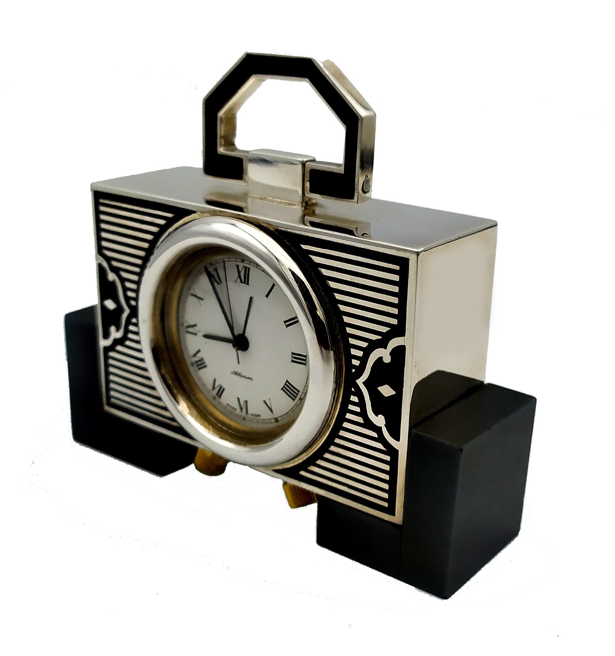 Salimbeni Table Clock Travel Sterling Silver Art Deco Fire Enamel in Black 1