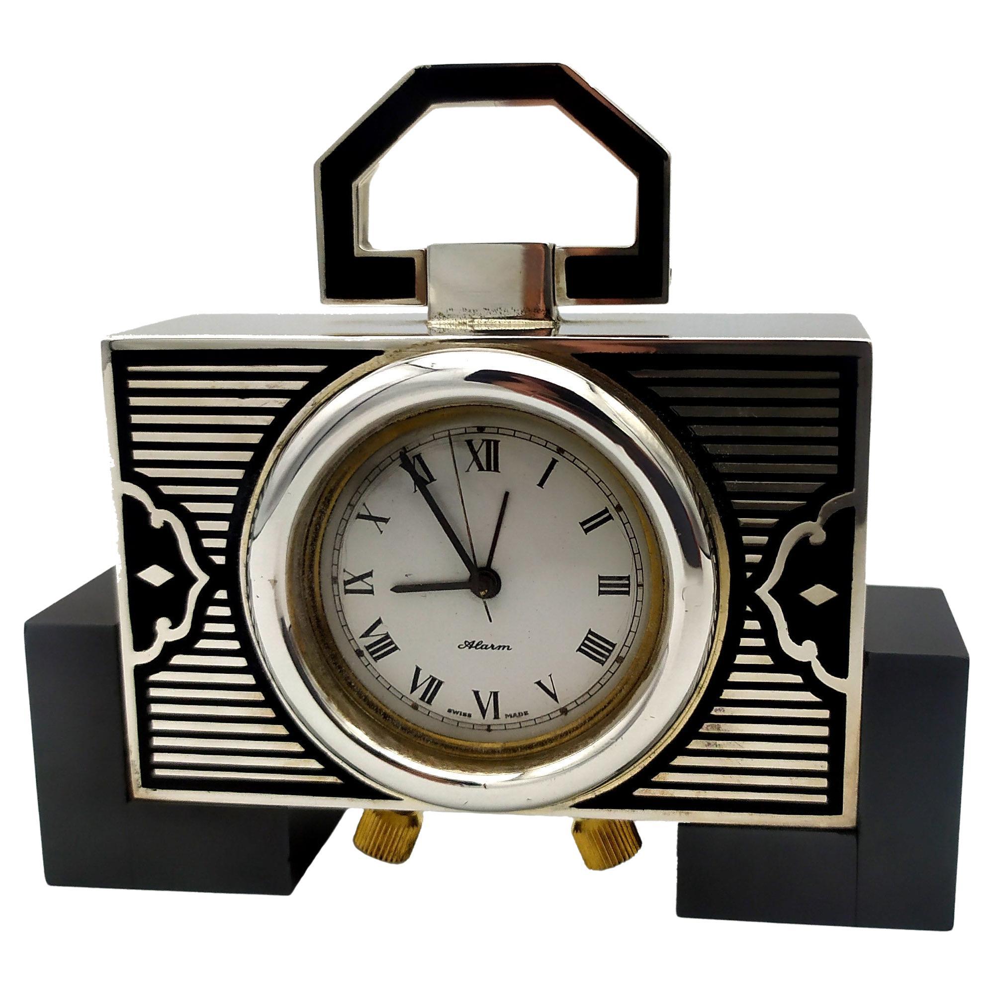Salimbeni Table Clock Travel Sterling Silver Art Deco Fire Enamel in Black