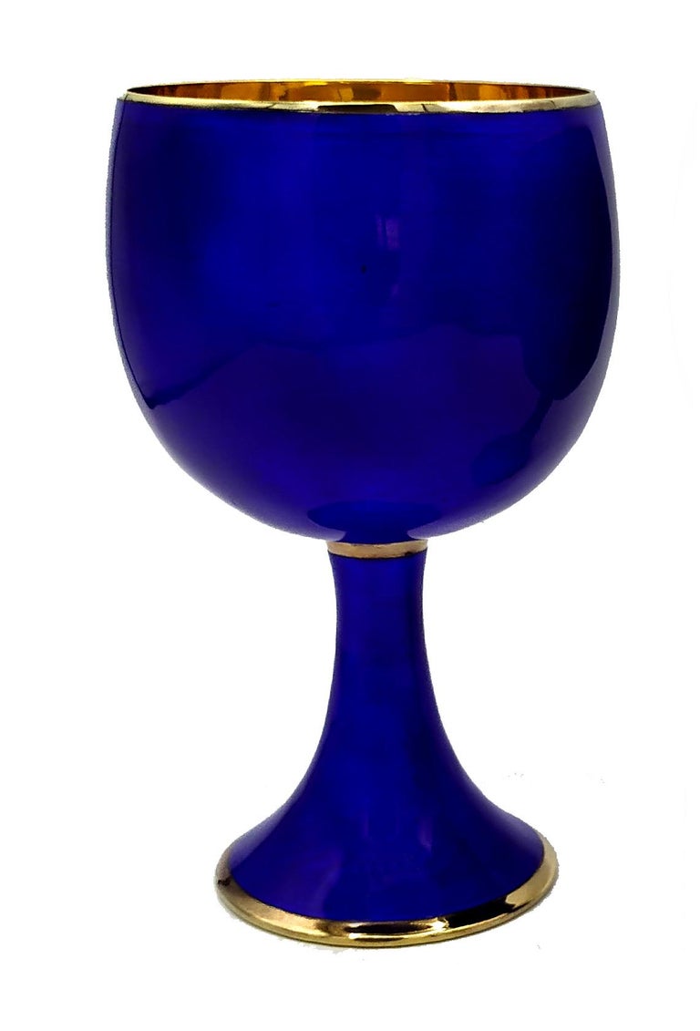Wine goblet in 925/1000 sterling silver gold plated with translucent fired enamels on guillochè, Modern contemporary style. Cup diameter cm. 8 Total height cm. 13.5 Weight gr. 232-. Produced in Florence at the Salimbeni company headquarters in 1984