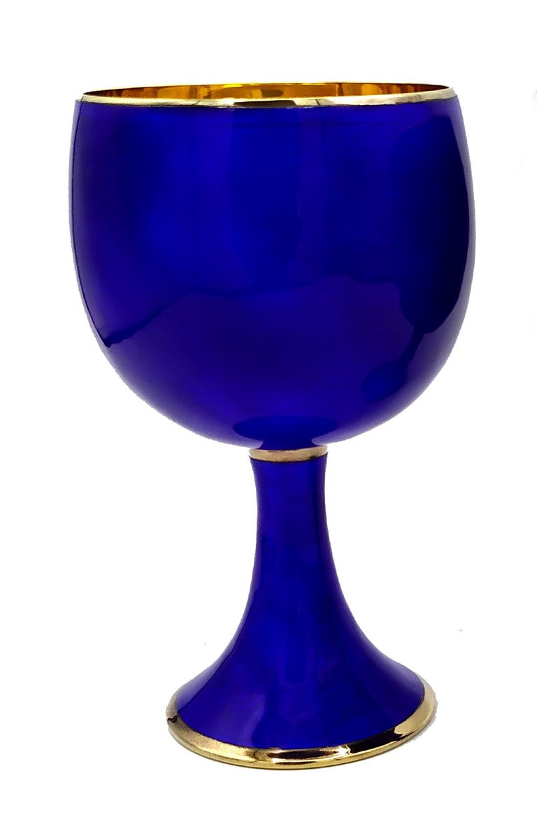 Italian Salimbeni Wine Goblet Enameled Sterling Silver on Guilloche’ Modern Contemporary For Sale