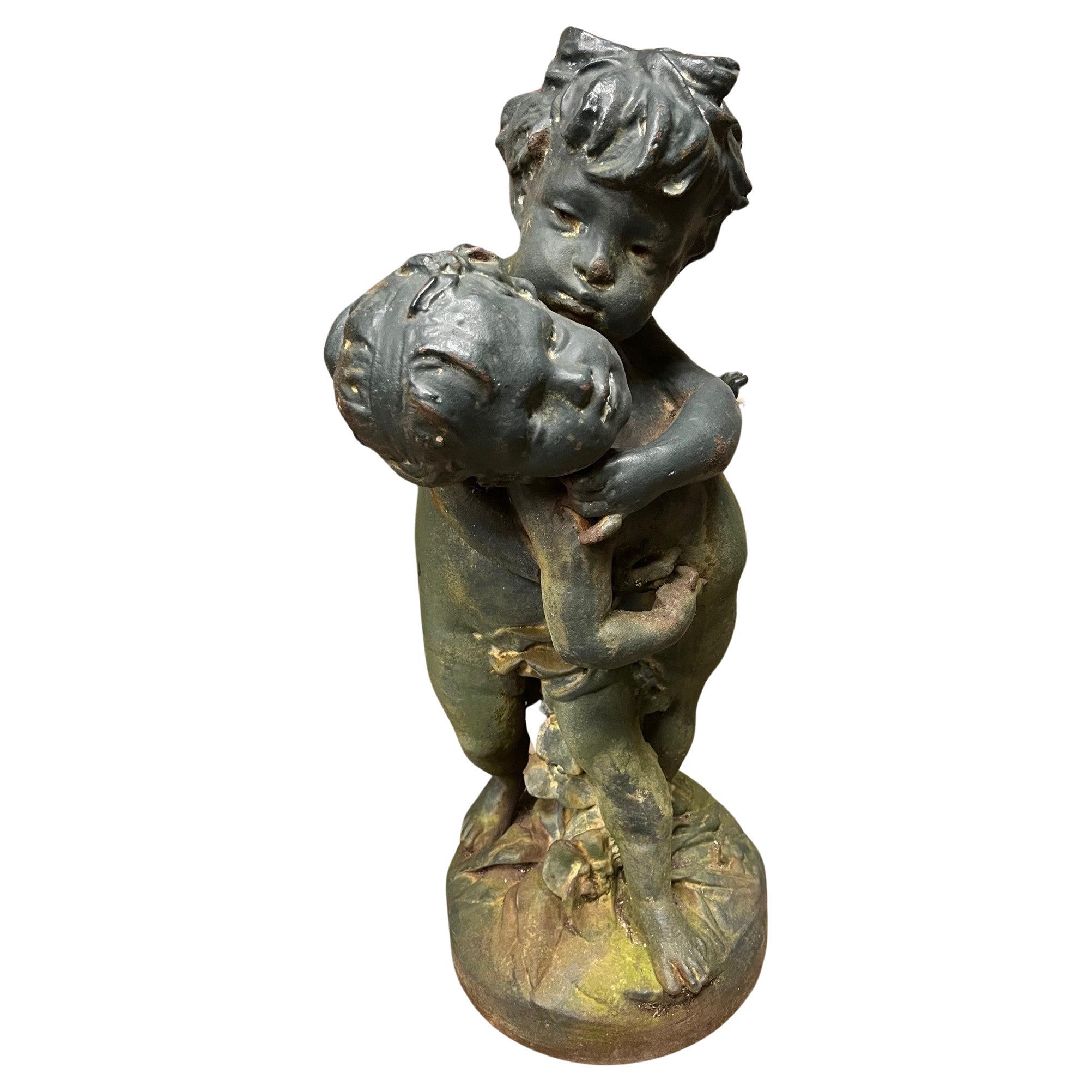 Salin Foundry Cast Iron Sculpture, Statue of Two Boys Playing Paris France   