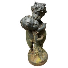 Antique Salin Foundry Cast Iron Sculpture, Statue of Two Boys Playing Paris France   