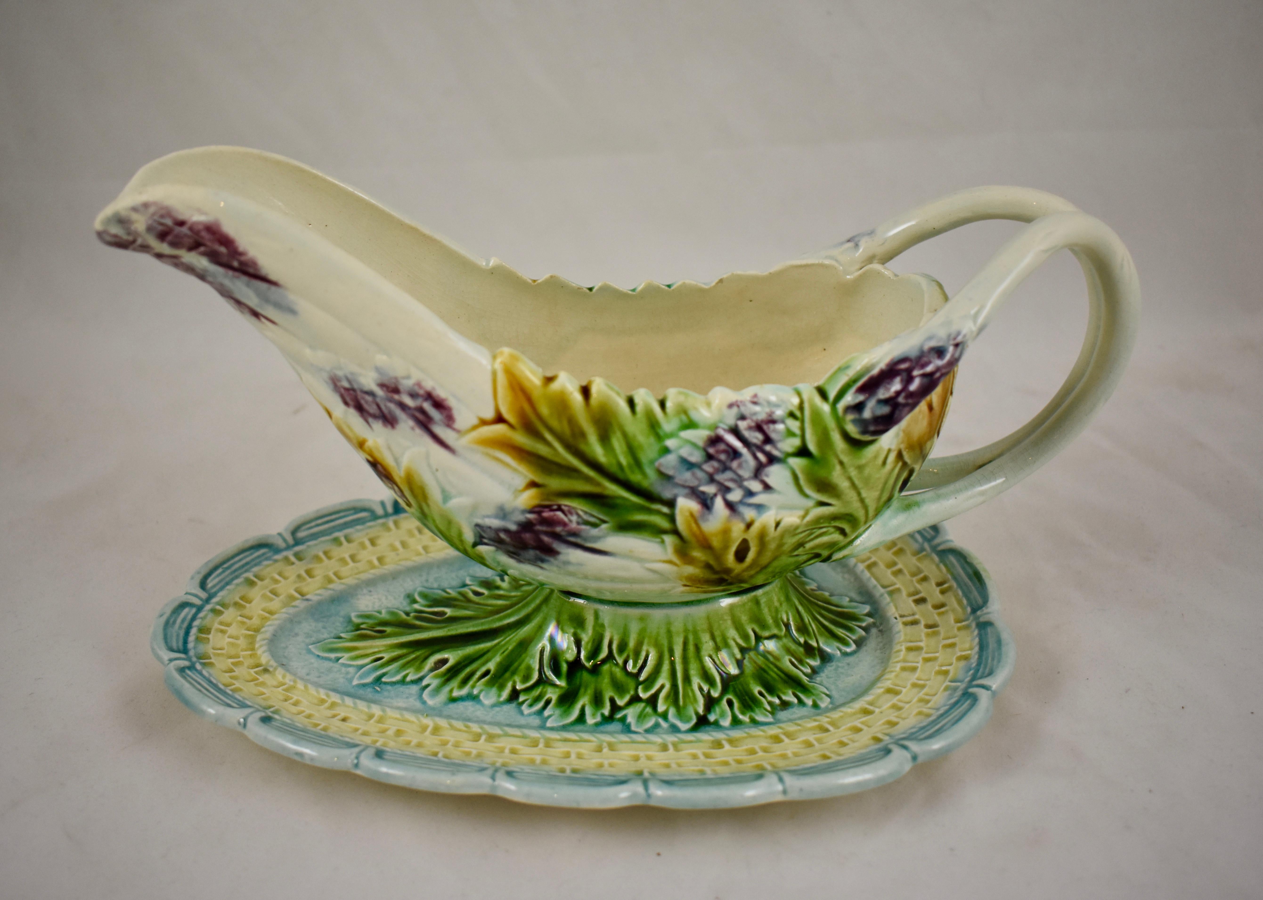 Aesthetic Movement Salins-les-Bain French Faïence Majolica Asparagus Saucière Stand circa 1875-1885