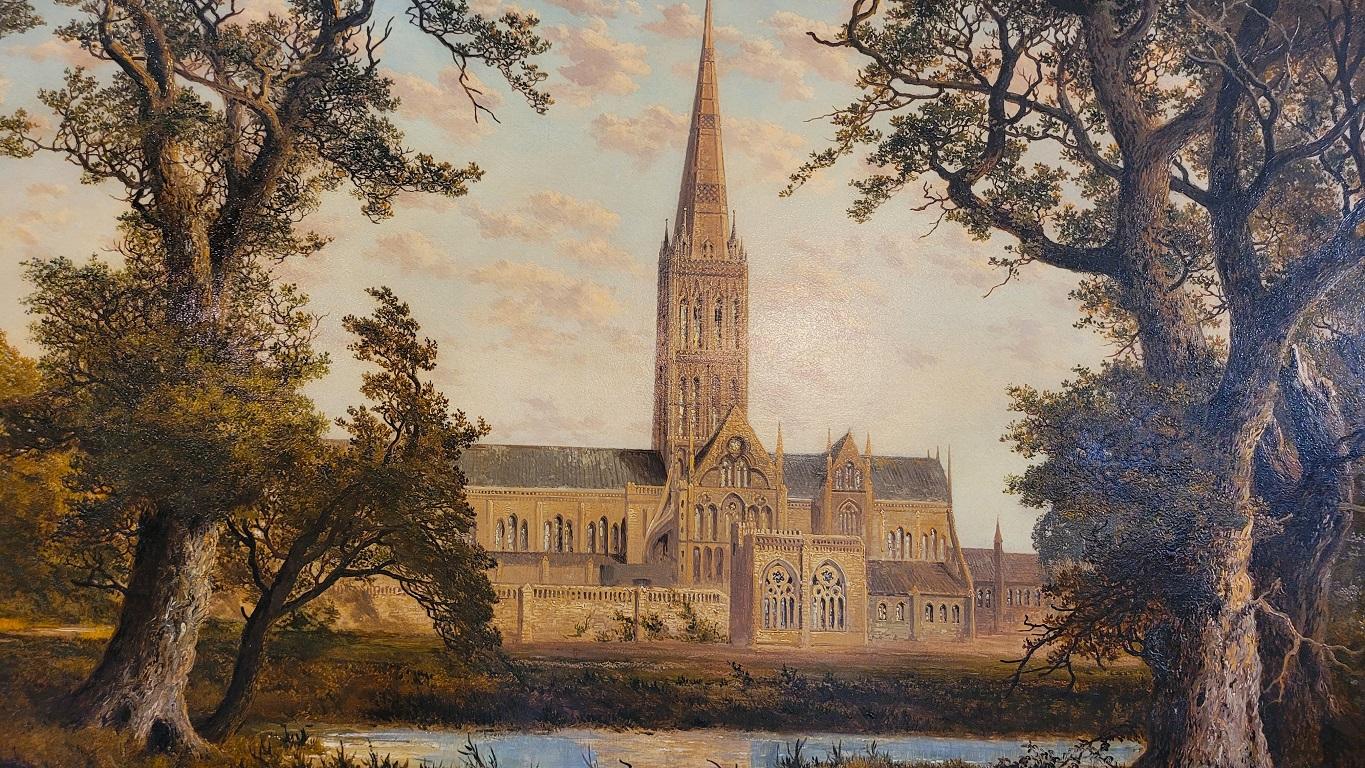 ‘Salisbury Cathedral’ Oil on Canvas by Edmund John Neimann 1876 In Good Condition For Sale In Dallas, TX