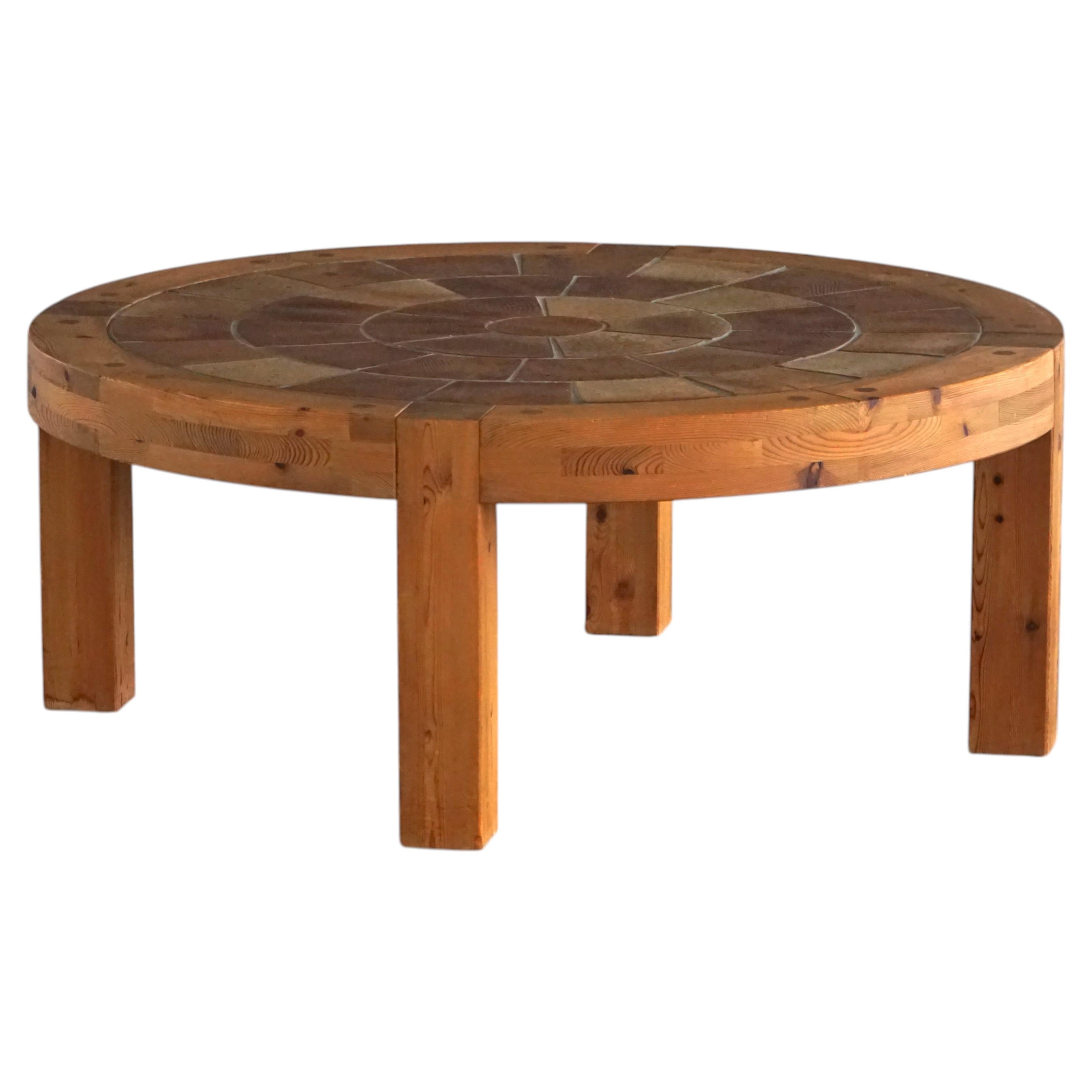 Sallingboe, Danish Design, Large Round Coffee Table in Pine & Ceramic, 1970s