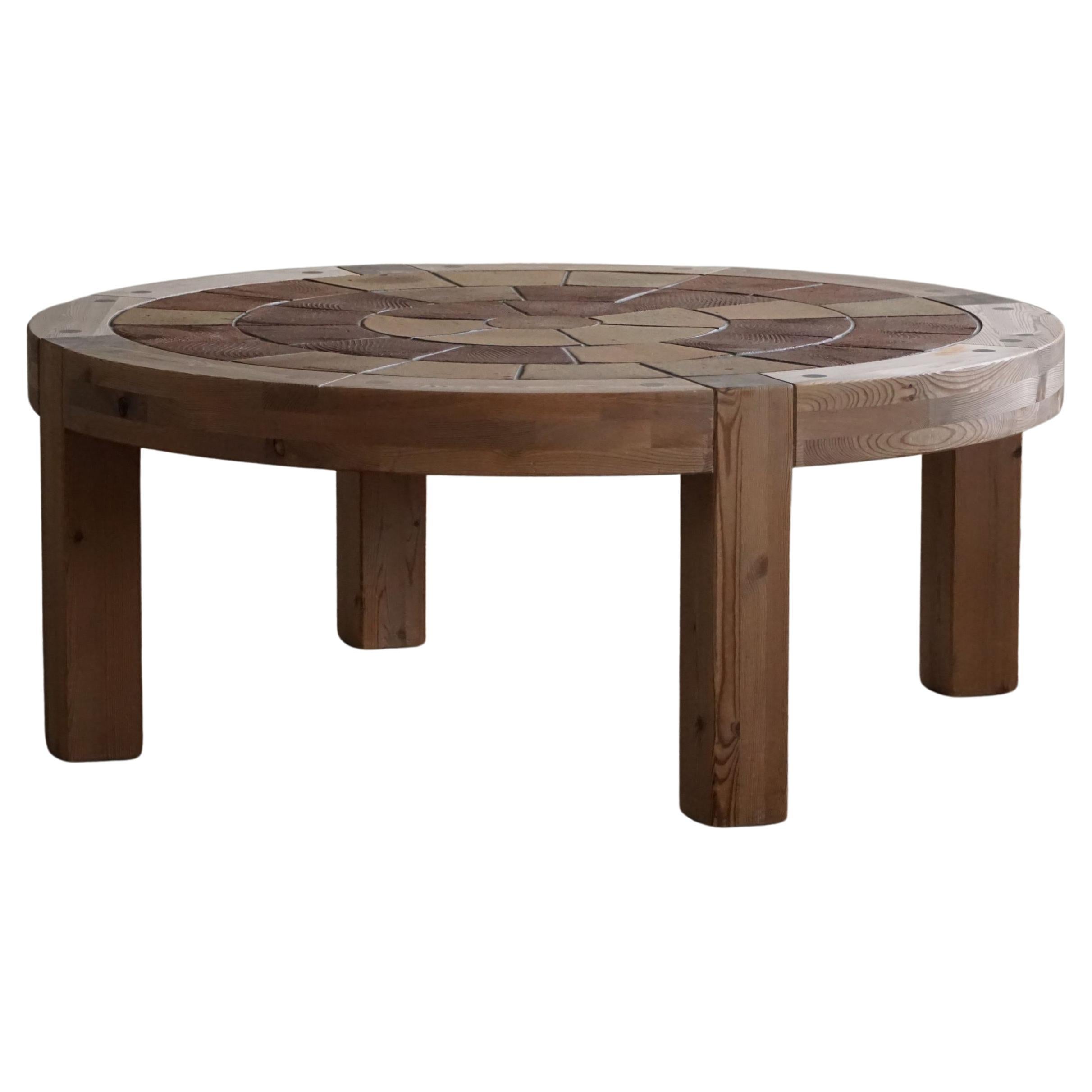 Sallingboe, Large Round Coffee Table in Pine & Ceramic, Danish Design, 1970s