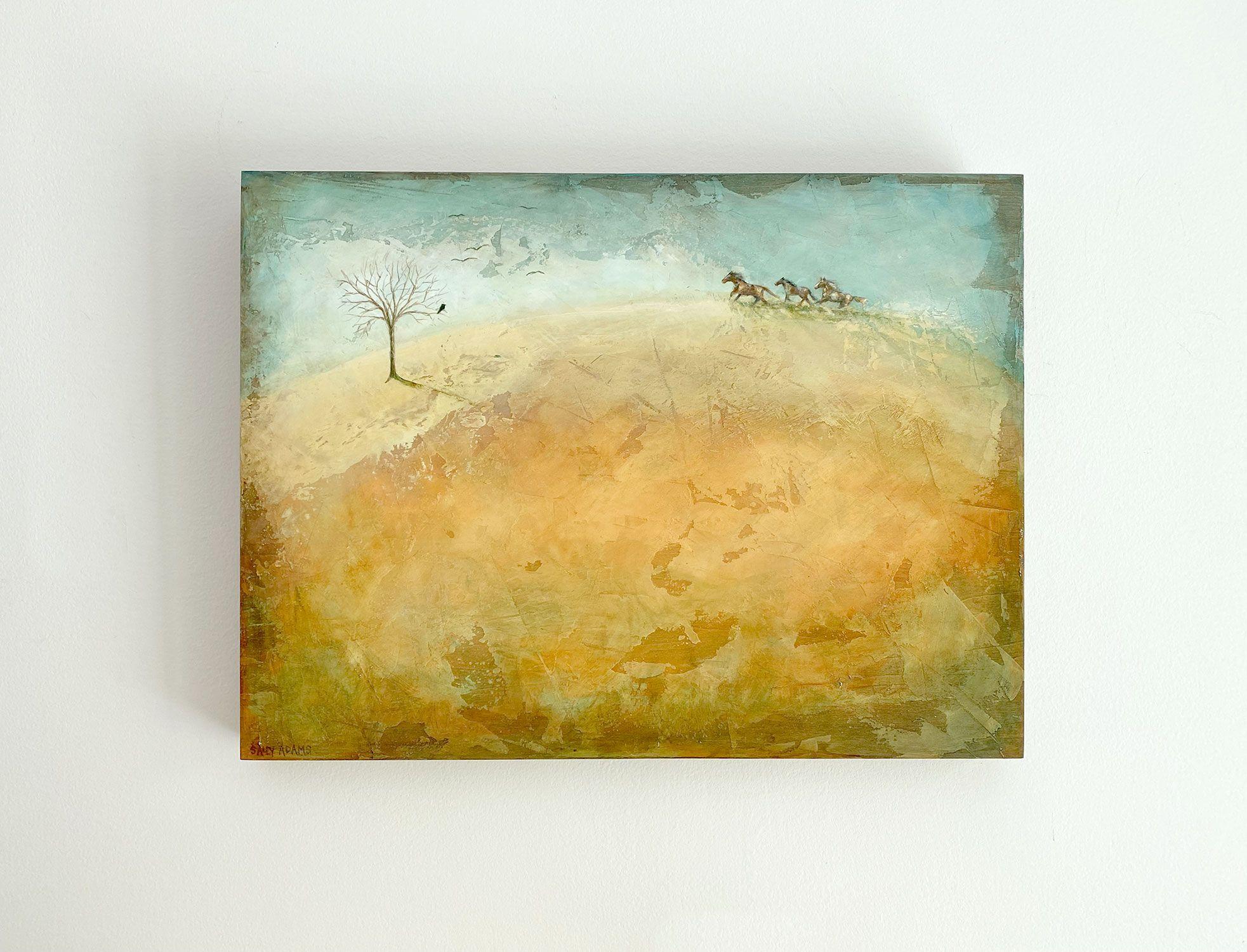 The warm tones of autumn highlight frisky horses running in the open field.  Happy memories!  Revised in 2021.    Cradled wood panel  Textured  Ready to hang  Sealed with gloss varnish :: Painting :: Rustic :: This piece comes with an official