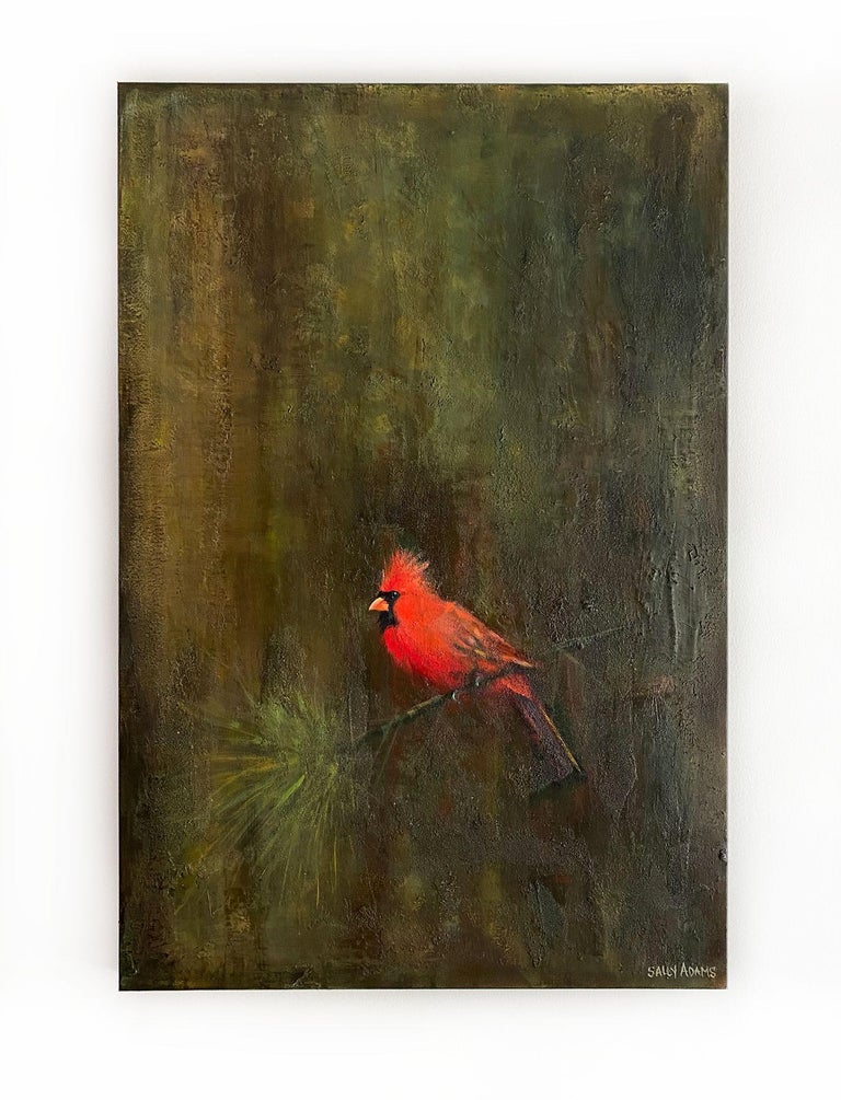 <p>Artist Comments<br>Artist Sally Adams depicts a red cardinal perching on a thin branch. She paints the bird with refined detail and realism. 