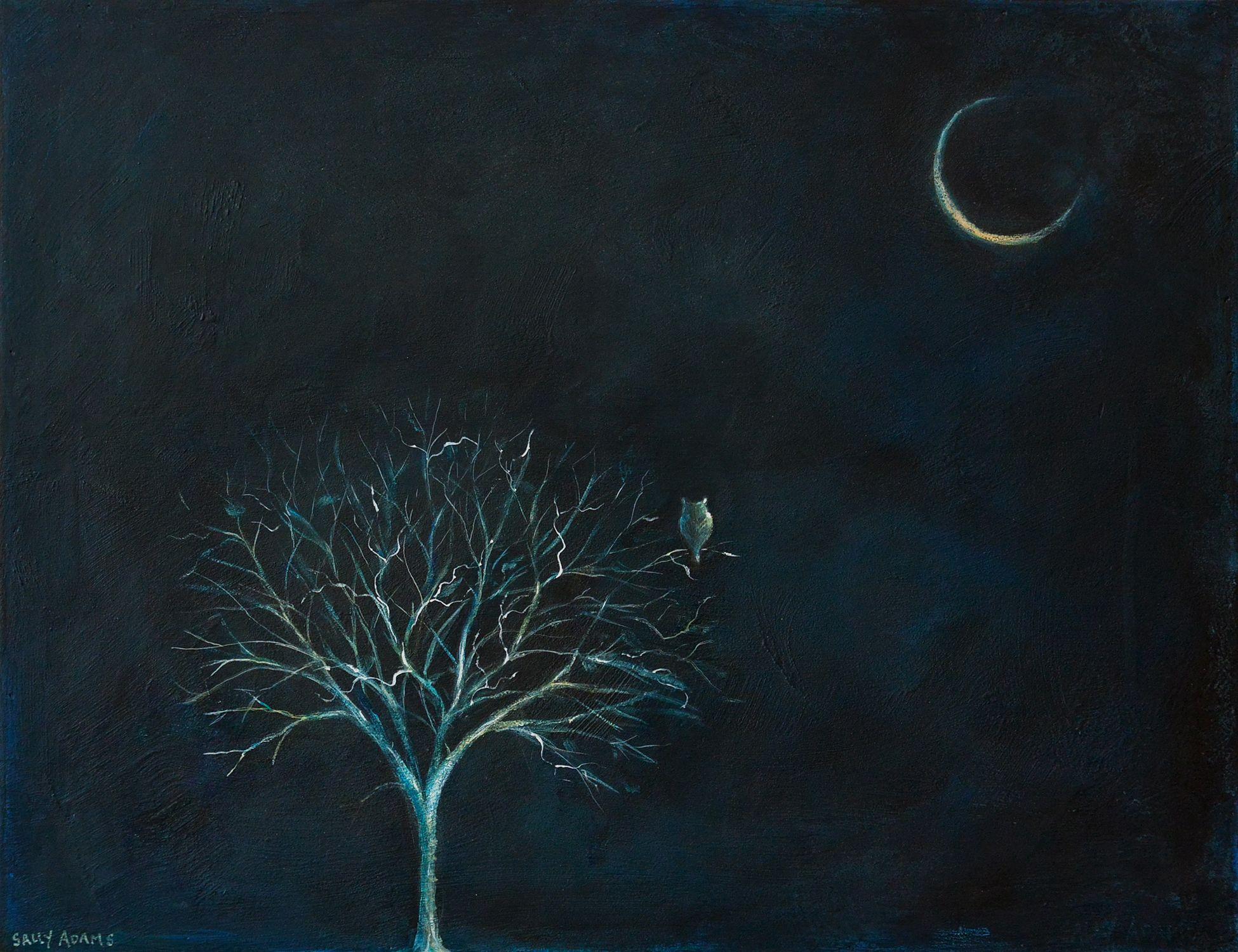 In the still of the night an owl in a barren tree seems as if to contemplate the moonlight and nature itself. Has texture Sealed with gloss varnish Ready to hang :: Painting :: Impressionist :: This piece comes with an official certificate of