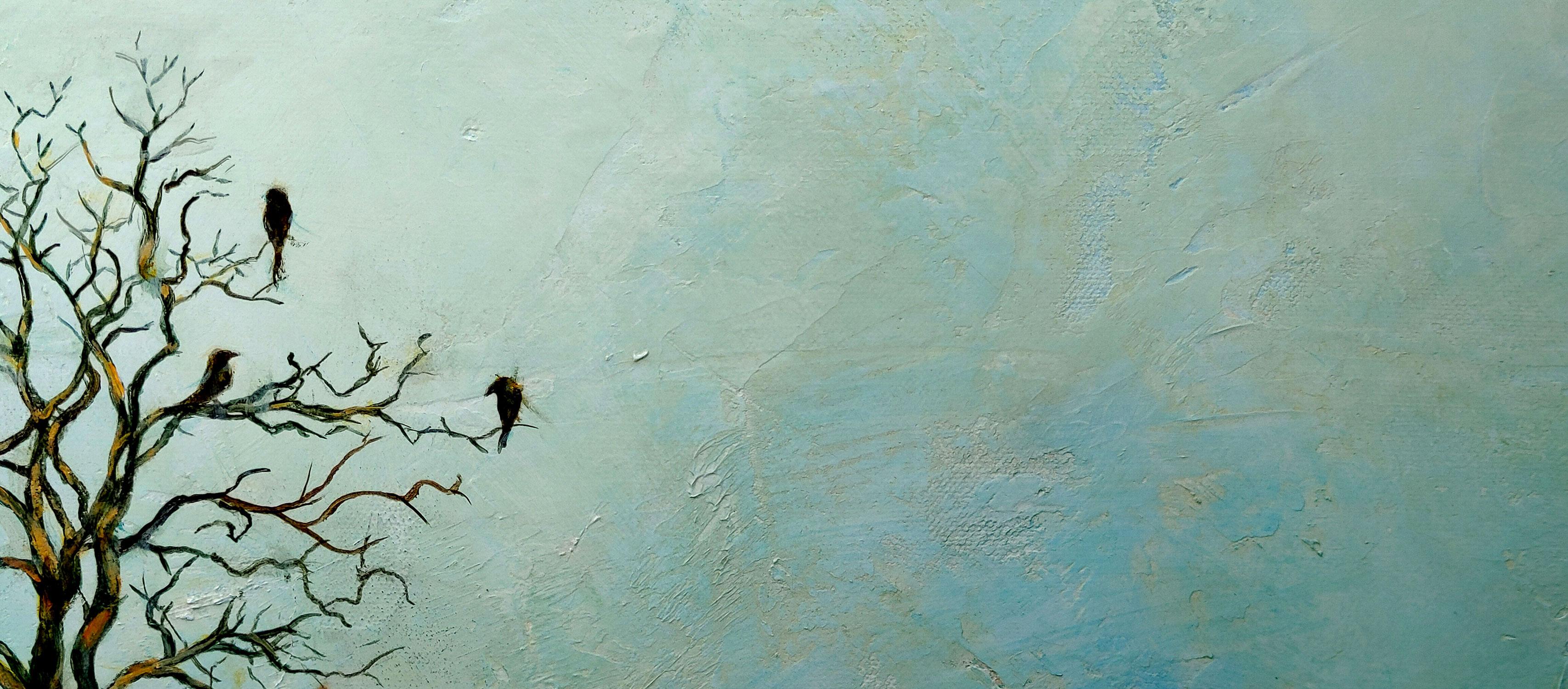 La conversazione, dipinto originale - Animal Painting Blu di Sally Adams