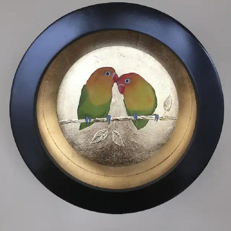 Sally-Ann Johns Animal Painting - Two Love Birds III, Original painting, Mixed media, Nature, Birds, Parrots 
