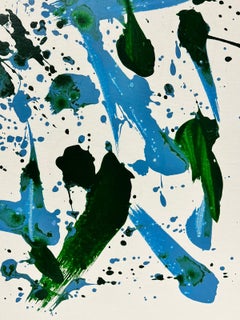 Peinture abstraite britannique contemporaine à éclaboussures verte et bleue sur blanc
