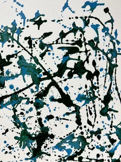 Abstract British Contemporary Splash Painting Green and Blue on White