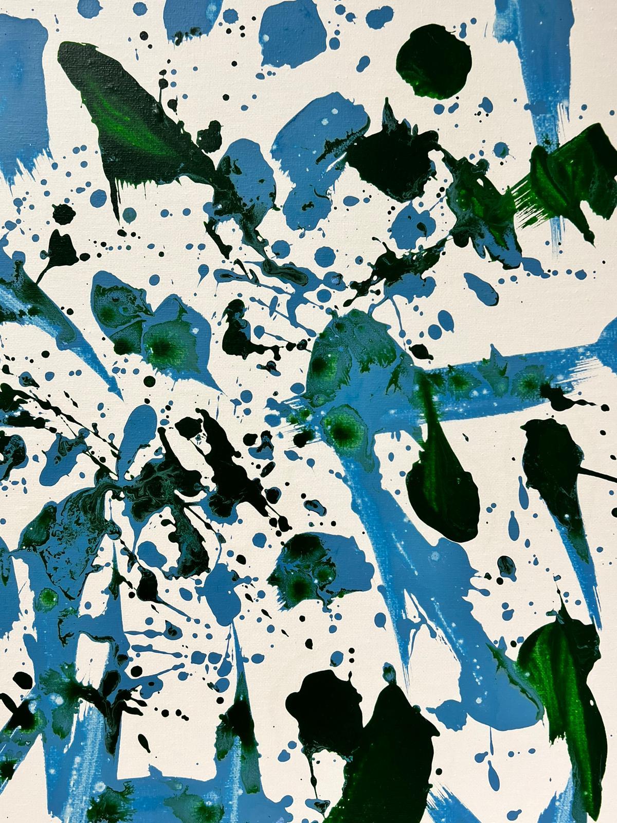 Verde y azul sobre blanco, 2023
firmado por Sally Bradshaw (británica, nacida en 1962)
pintura al óleo sobre lienzo
cuadro: 20 x 16 pulgadas

Magnífico cuadro expresionista abstracto moderno original de la pintora británica contemporánea Sally