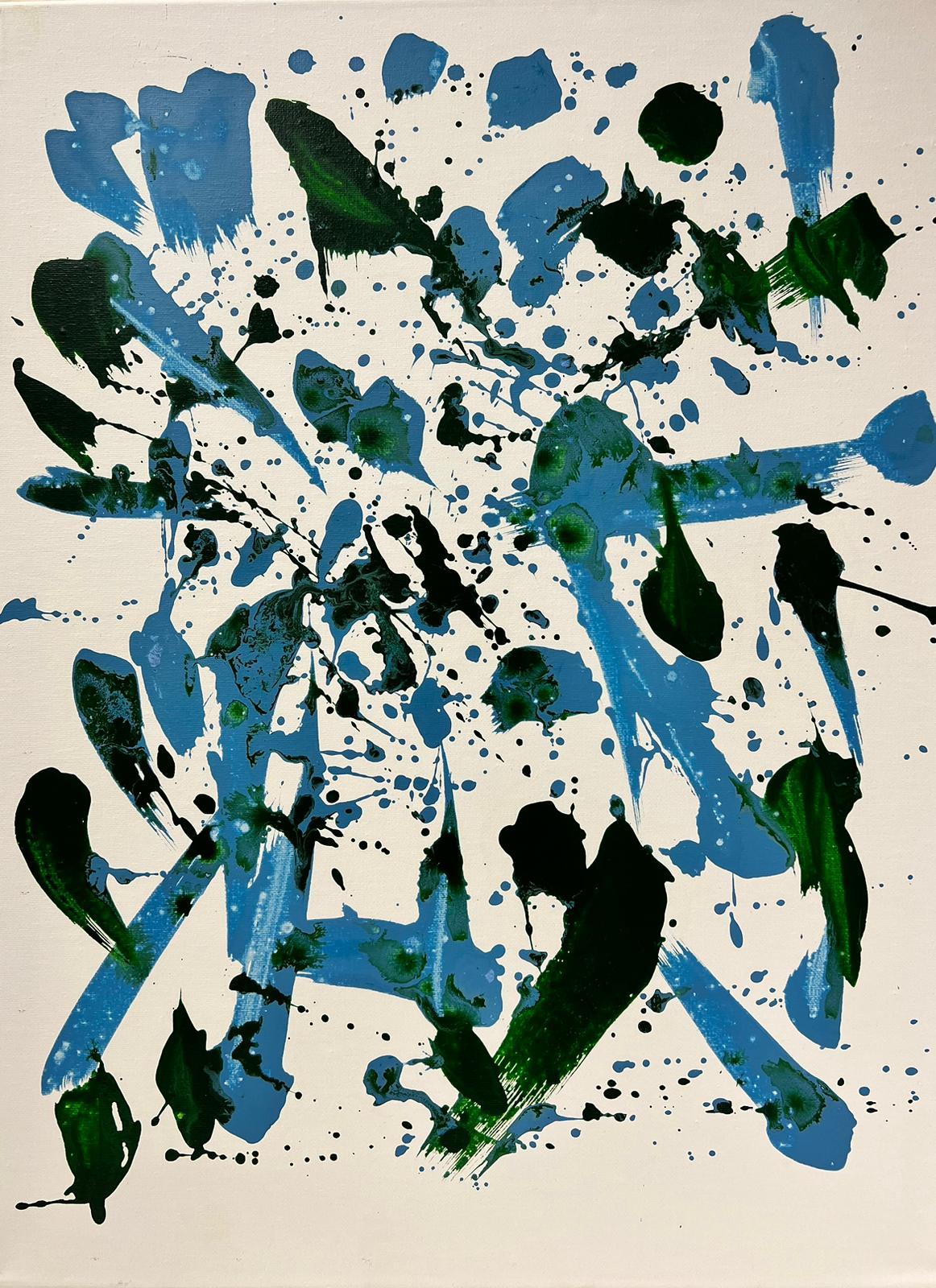 Pintura Abstracta Británica Contemporánea Salpicadura Verde y Azul sobre Blanco en venta 1