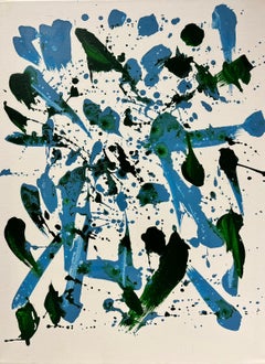 Peinture abstraite britannique contemporaine à éclaboussures verte et bleue sur blanc