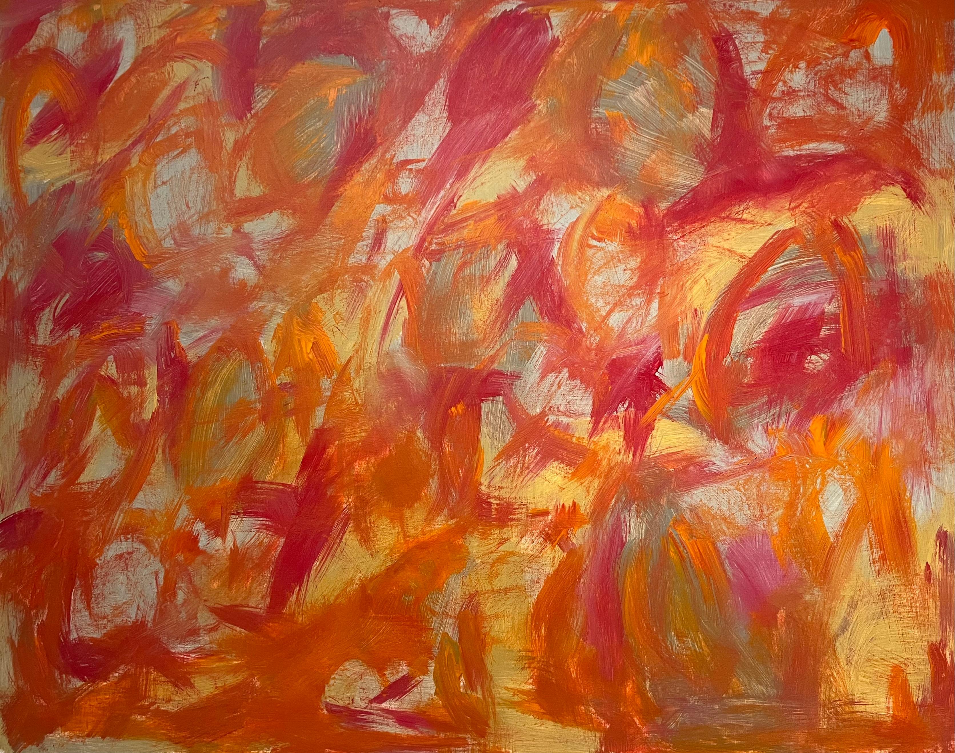 Pintura Abstracta Británica Contemporánea Atrevidos Colores Otoñales Naranja y Rosa - Painting Expresionismo abstracto de Sally Bradshaw