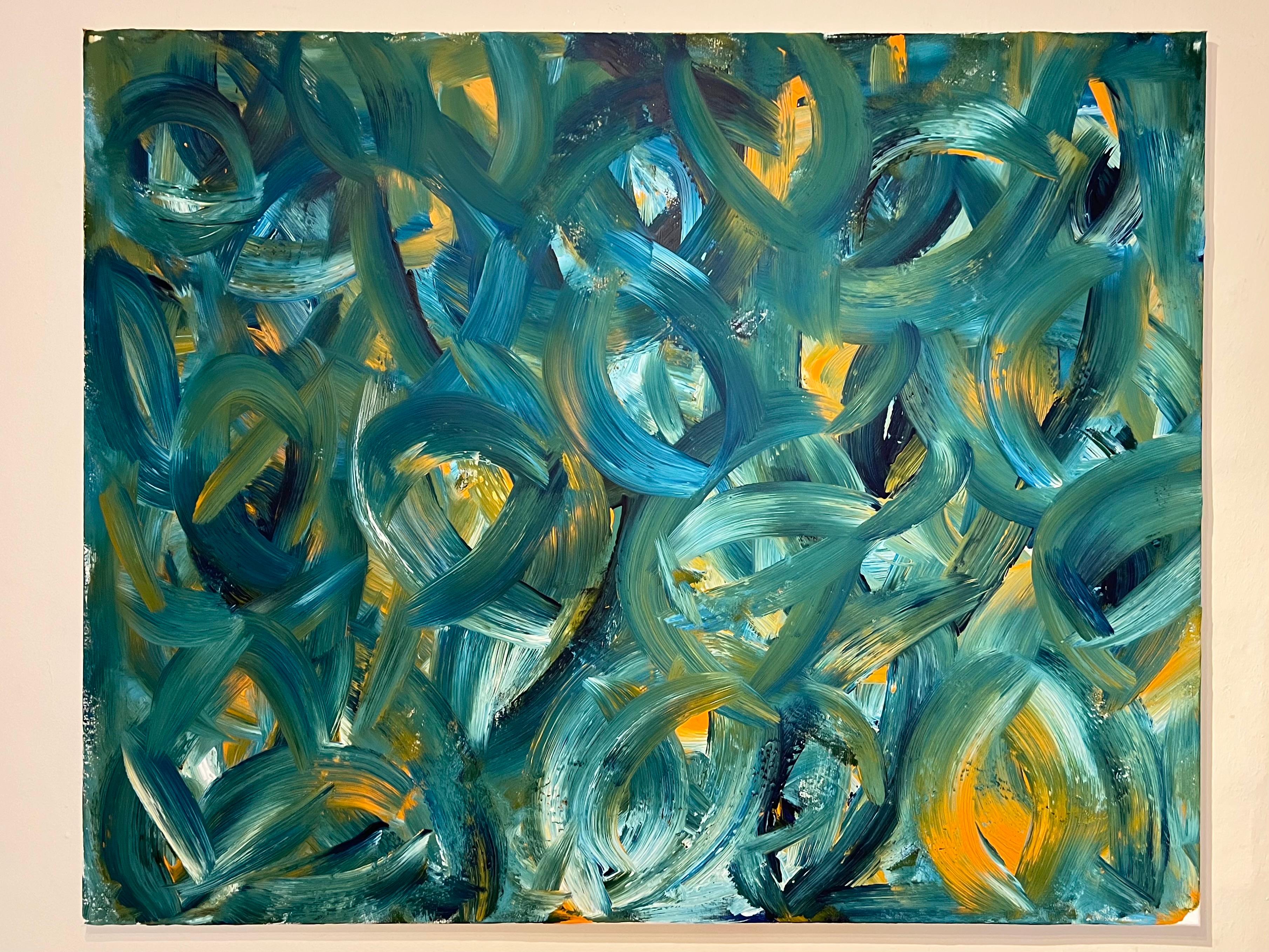 Pintura Abstracta Británica Contemporánea Pinceladas Atrevidas en Azul Cerceta y Amarillo - Painting de Sally Bradshaw