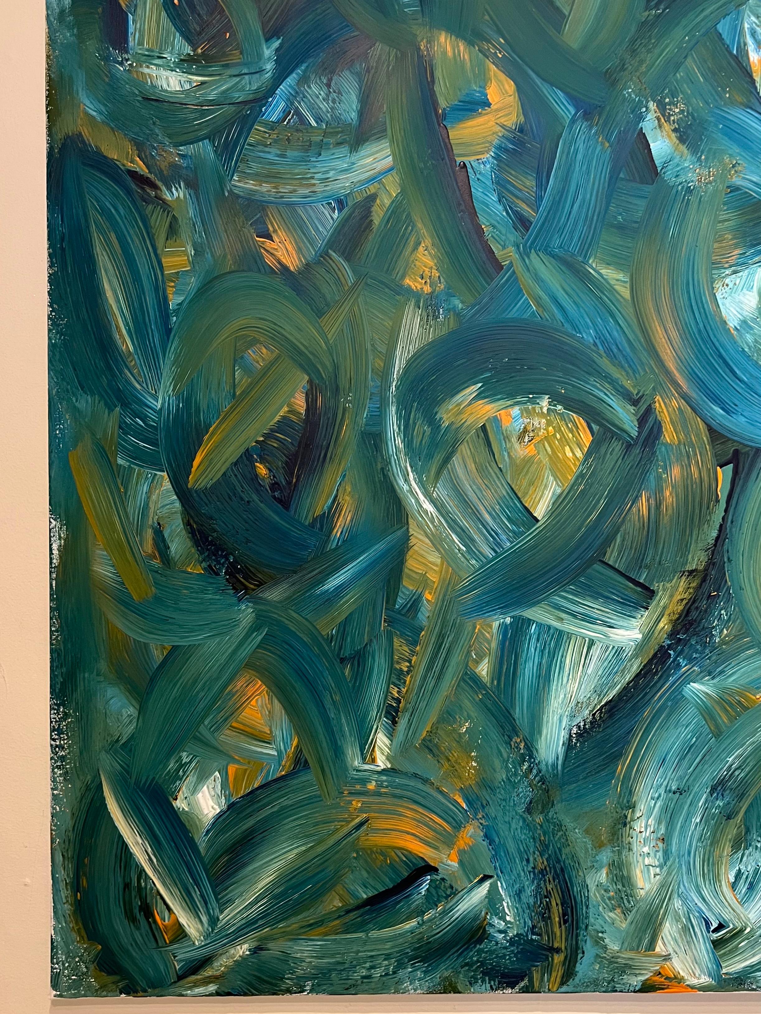 Pintura Abstracta Británica Contemporánea Pinceladas Atrevidas en Azul Cerceta y Amarillo - Painting Expresionismo abstracto de Sally Bradshaw